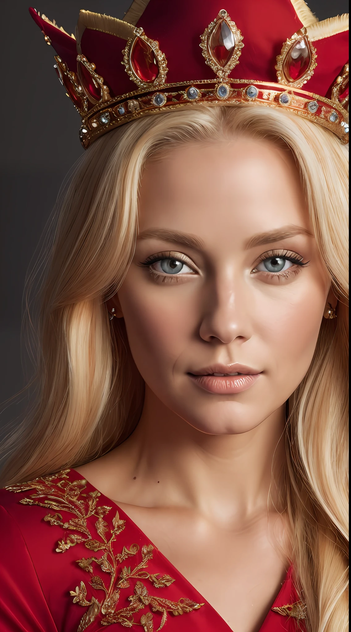 (8k, RAW photo, maximum quality), (A blonde woman) (35 years old), (queen's crown on head), ((red dress)), ((blonde)) close-up, (detailed eyes: 0.8), (looking at the camera: 1.4), (maximum quality), (best shadow), intricate details, dark background