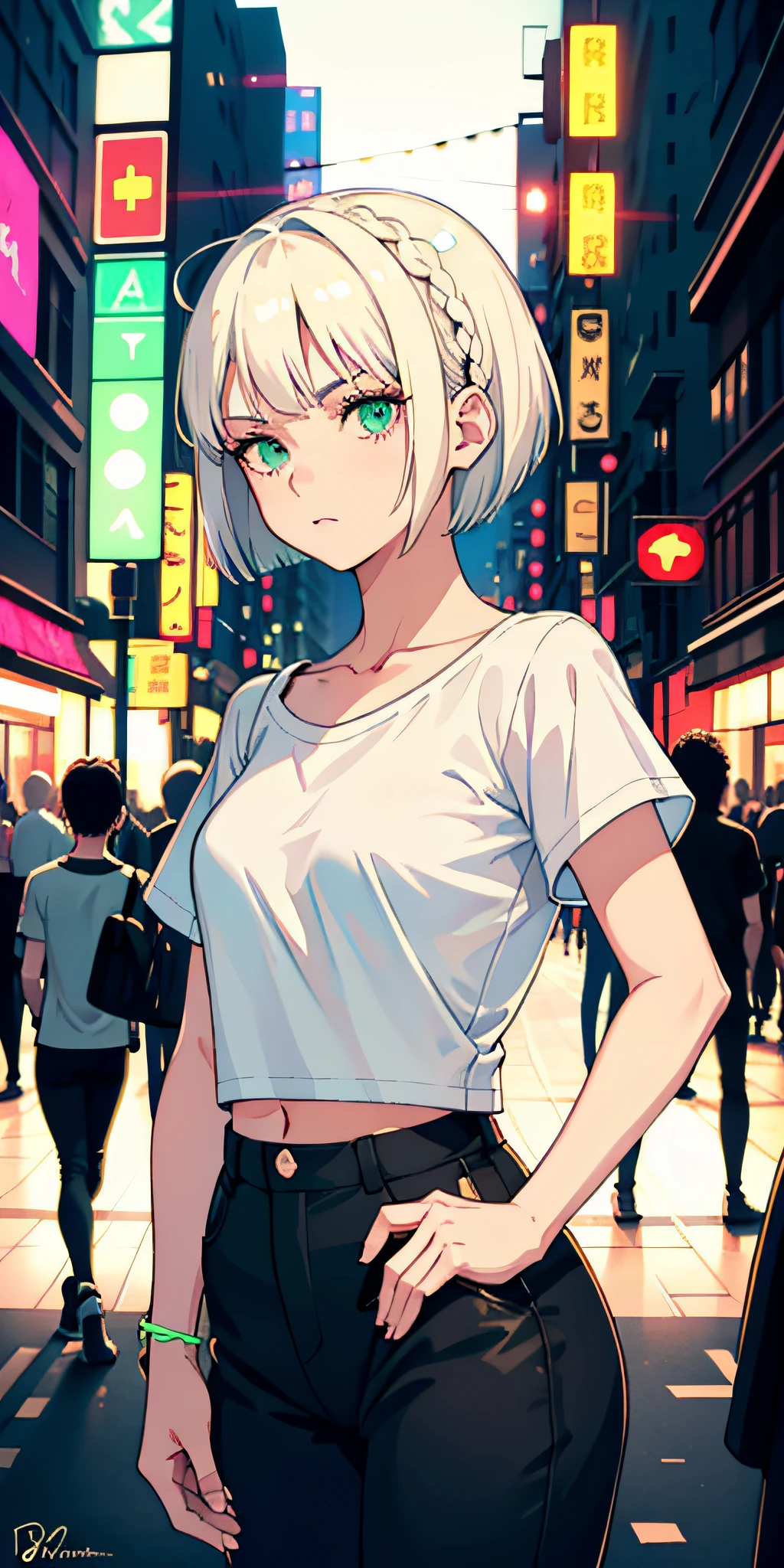 masterpiece, best quality, nsfw, 1girl, platinum blonde hair, short hair, green eyes, braids, small perky breasts, on the street, night, neon light, white t-shirt, braless, black pants, poker face, front view, standing, in crowd,