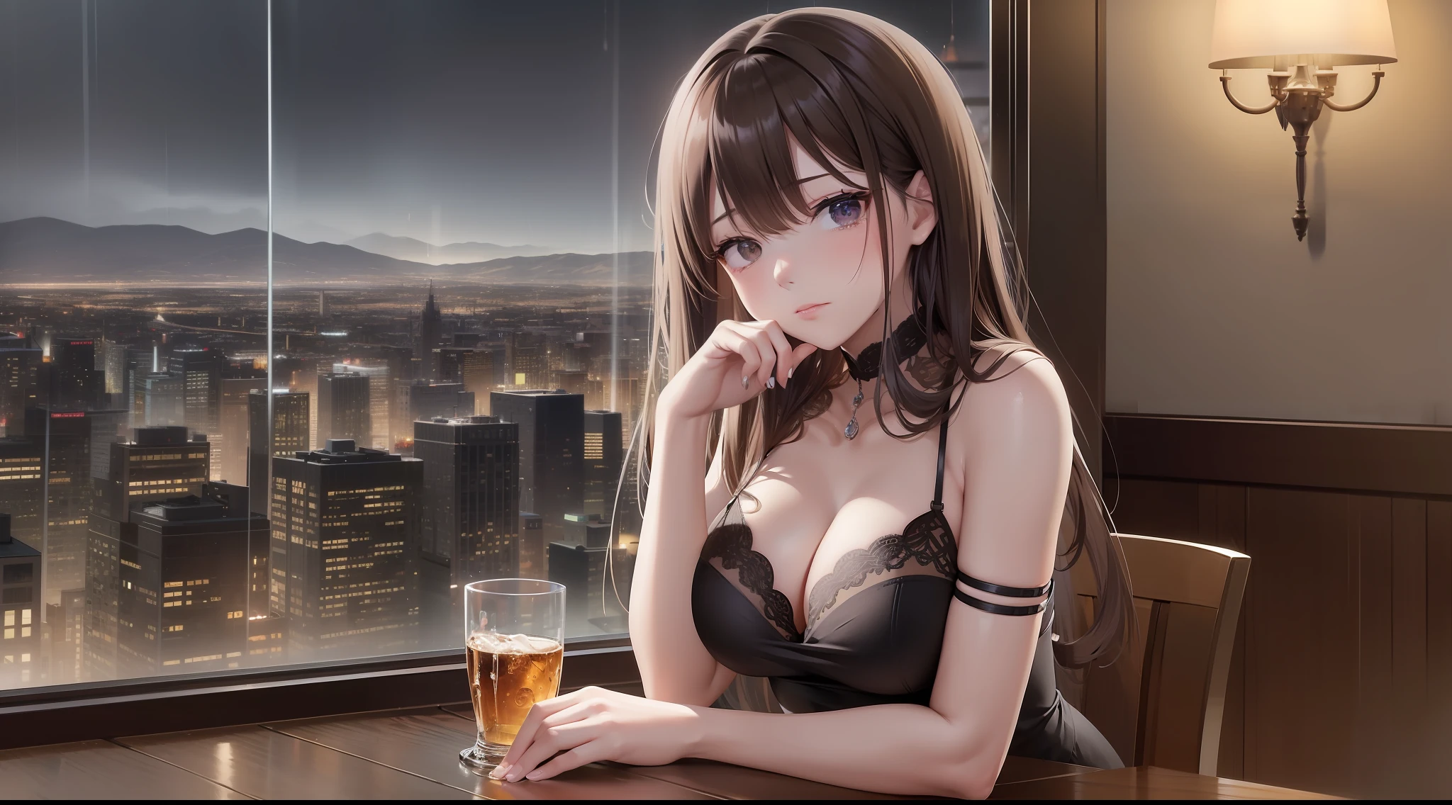 (8k, best quality, masterpiece:1.2), super detailed, one girl,cute, solo,, beautiful woman in perfect style: 1.4, ((dark brown hair, big: 1.2)), very detailed face and skin texture, detailed eyes, double eyelids, cleavage, realistic and photogenic image quality, late night diner, USA, wistful beautiful girl, sitting in a seat, feeling heartache, Trying to hold a glass of whiskey, view of city from café window, late night, night, dark outside, street lamp, rain, window glass wet, lonely country town, old america, countryside, eyes out the window, not looking at the front, looking off the line of sight and looking into the distance, sad expression, countryside, tears spilling out, desktop wallpaper