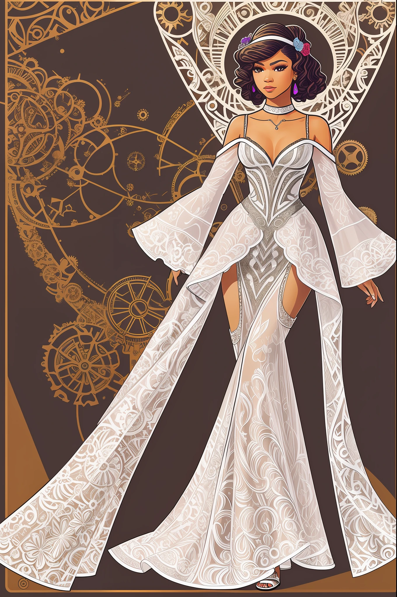 Zendaya, wearing white lace evening dress, full body, vector line illustration art, clear lines, colorful, in the steampunk style of the city, bold and passionate colors