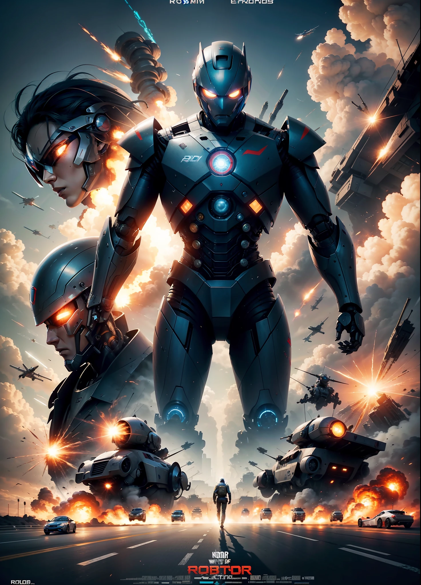 Poster of the movie robot of the Future walking, explosions, weapons, cars, planes