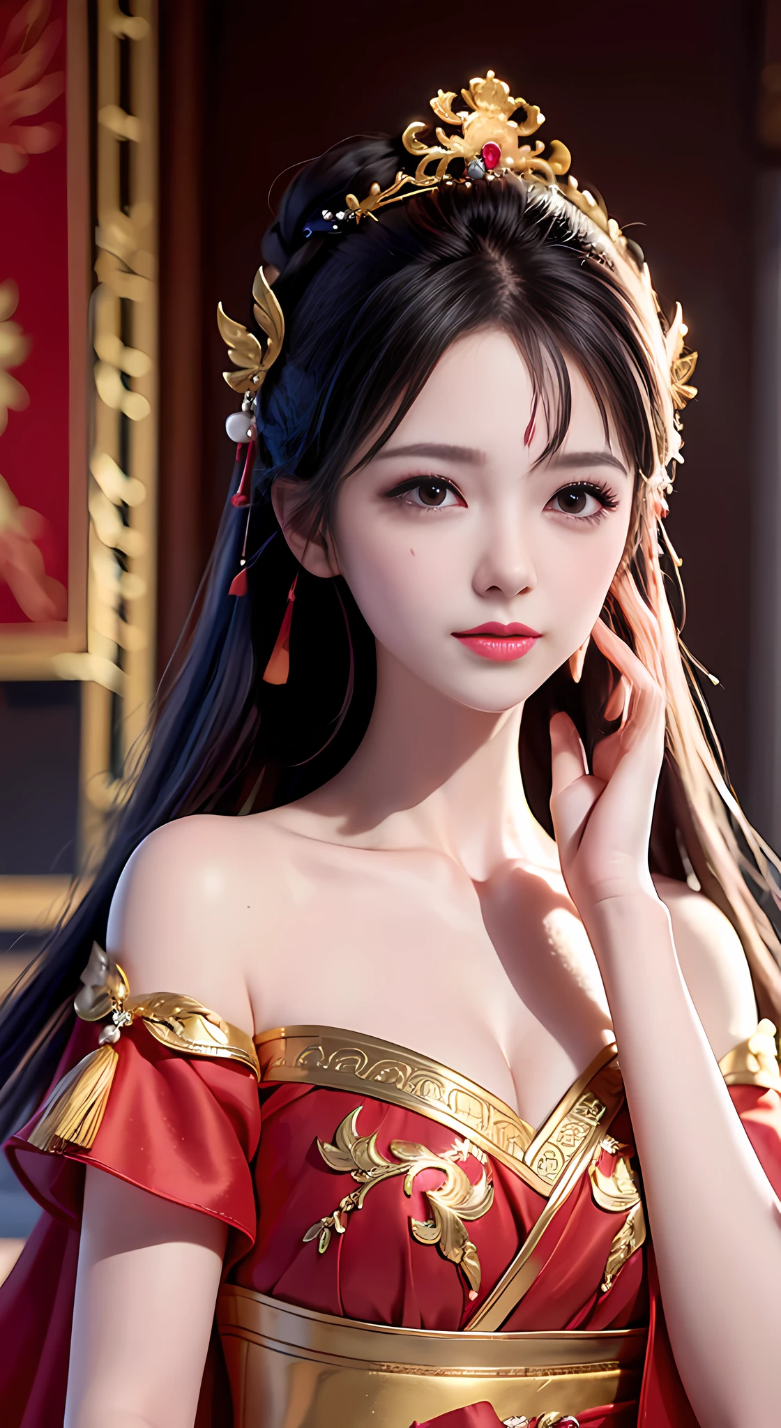 Portrait of Figures, Ancient China, Oriental Women, Tang Style, Double Happiness Background, Wedding Room, Cave Room, Costume Bride, Red Wedding Dress, Red Han Dress, Phoenix Crown Xia Curtain, Hair Coiled, Full of Pearls, Flower Dan Between Eyebrows, Red Candle, Candlelight Illuminates the Room, Best Quality, Original, Very Detailed Masterpiece, Very Detailed CG, Delicate Face, Divinity, Masterpiece, Delicate Face, Smile, 4K Picture Quality, Girl, Hanfu, Black Hair, Bun, Hair Ornament, Jewelry, Exquisite Face, Red clothes, golden patterns, phoenix crown curtain, red wedding dress, newlyweds, festive, delicate skin, soft light effects, delicate and smooth hair, exquisite details, eye highlights, fair skin, fine portrayal, extreme details, cinematic picture quality, charming, thin, cute, slender, well-behaved, shy, black eyes, indoor, candlelight, romantic, warm, (crying: 1.5), (crying)))), (((tears))), tsurime, makeup, sad, depressed, sulking, sobbing, lonely, disappointed, crying, tearing up, tears, tears, tears, tears, Surrealism, ray tracing, UHD, high details, super detail, highres, 8k, high quality, high details, textured skin, ccurate, anatomically correct, best quality, highres, high quality, textured skin, high details, anatomically correct, super detail, anatomically correct, anatomically correct