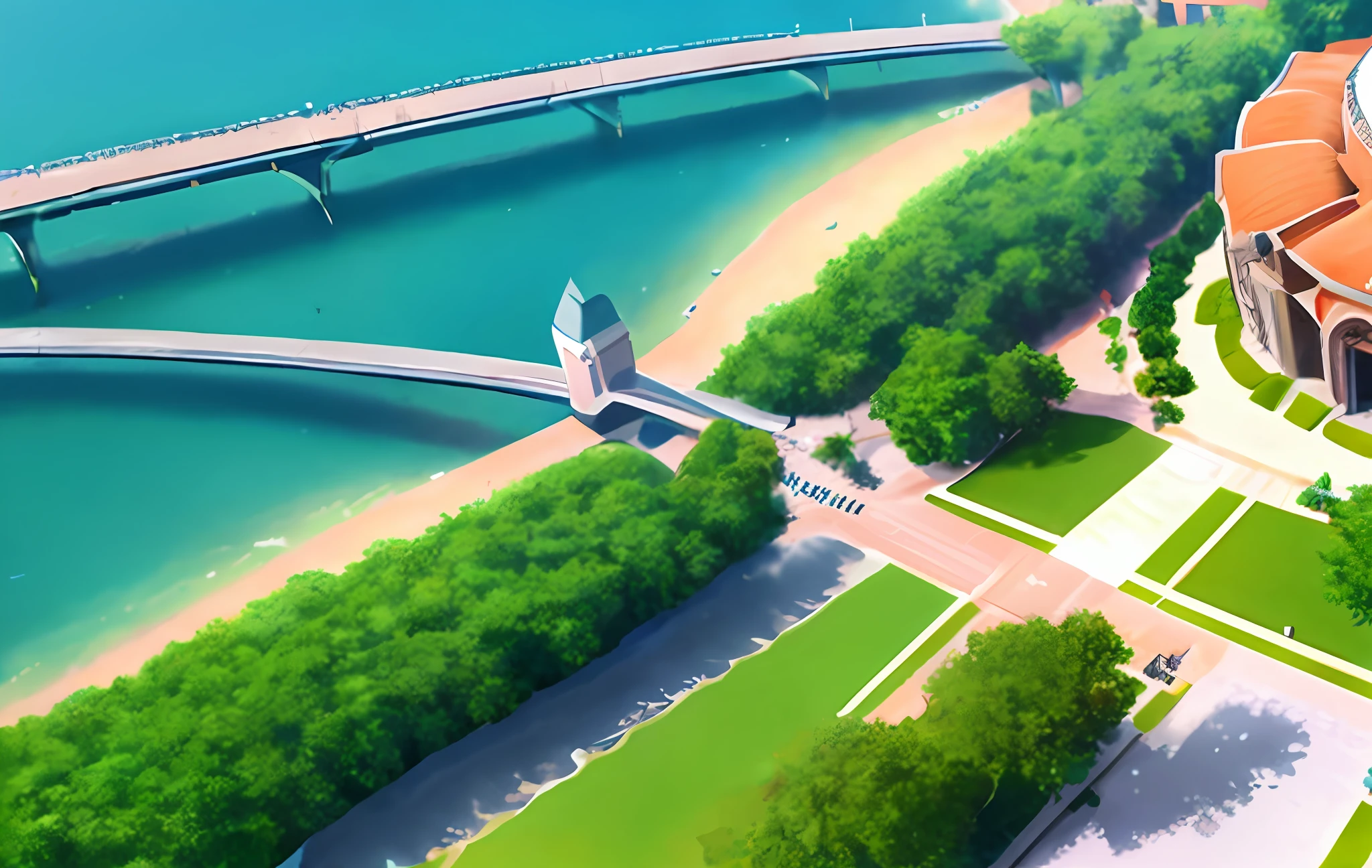 aerial view of a bridge over a river and a beach, style of makoto shinkai, mokoto shinkai, beautiful environment, inspired by Makoto Shinkai, makoto shinkai, rio de janeiro in an anime film, parks and monuments, sunny environment, animation still, studio glibly makoto shinkai, a digital rendering