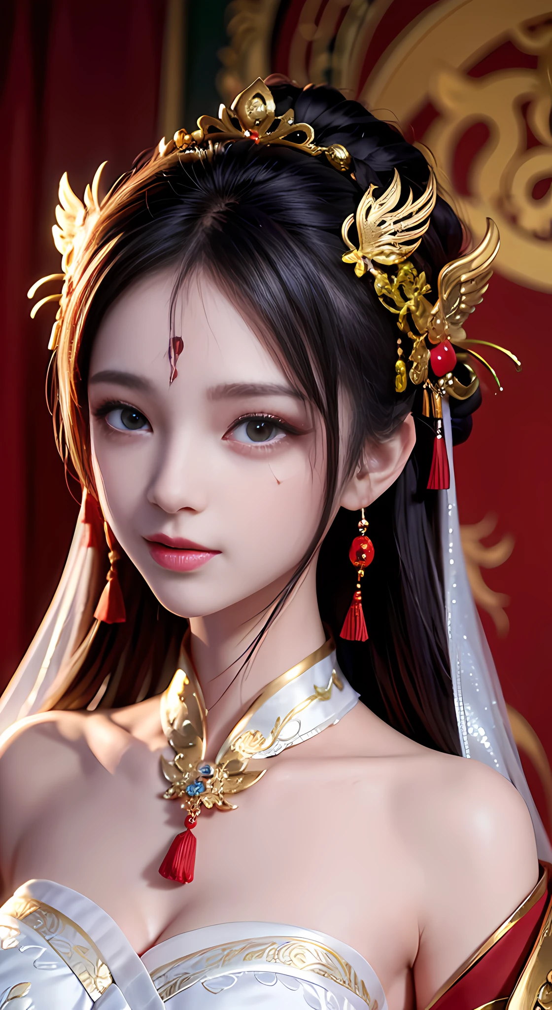 Portrait of Figures, Ancient China, Oriental Women, Tang Style, Double Happiness Background, Wedding Room, Cave Room, Costume Bride, Red Wedding Dress, Red Han Dress, Phoenix Crown Xia Curtain, Hair Coiled, Full of Pearls, Flower Dan Between Eyebrows, Red Candle, Candlelight Illuminates the Room, Best Quality, Original, Very Detailed Masterpiece, Very Detailed CG, Delicate Face, Divinity, Masterpiece, Delicate Face, Smile, 4K Picture Quality, Girl, Hanfu, Black Hair, Bun, Hair Ornament, Jewelry, Exquisite Face, Red clothes, golden patterns, phoenix crown curtain, red wedding dress, newlyweds, festive, delicate skin, soft light effects, delicate and smooth hair, exquisite details, eye highlights, fair skin, fine portrayal, extreme details, cinematic picture quality, charming, thin, cute, slender, well-behaved, shy, black eyes, indoor, candlelight, romantic, warm, (crying: 1.5), (crying)))), (((tears))), tsurime, makeup, sad, depressed, sulking, sobbing, lonely, disappointed, crying, tearing up, tears, tears, tears, tears, Surrealism, ray tracing, UHD, high details, super detail, highres, 8k, high quality, high details, textured skin, ccurate, anatomically correct, best quality, highres, high quality, textured skin, high details, anatomically correct, super detail, anatomically correct, anatomically correct