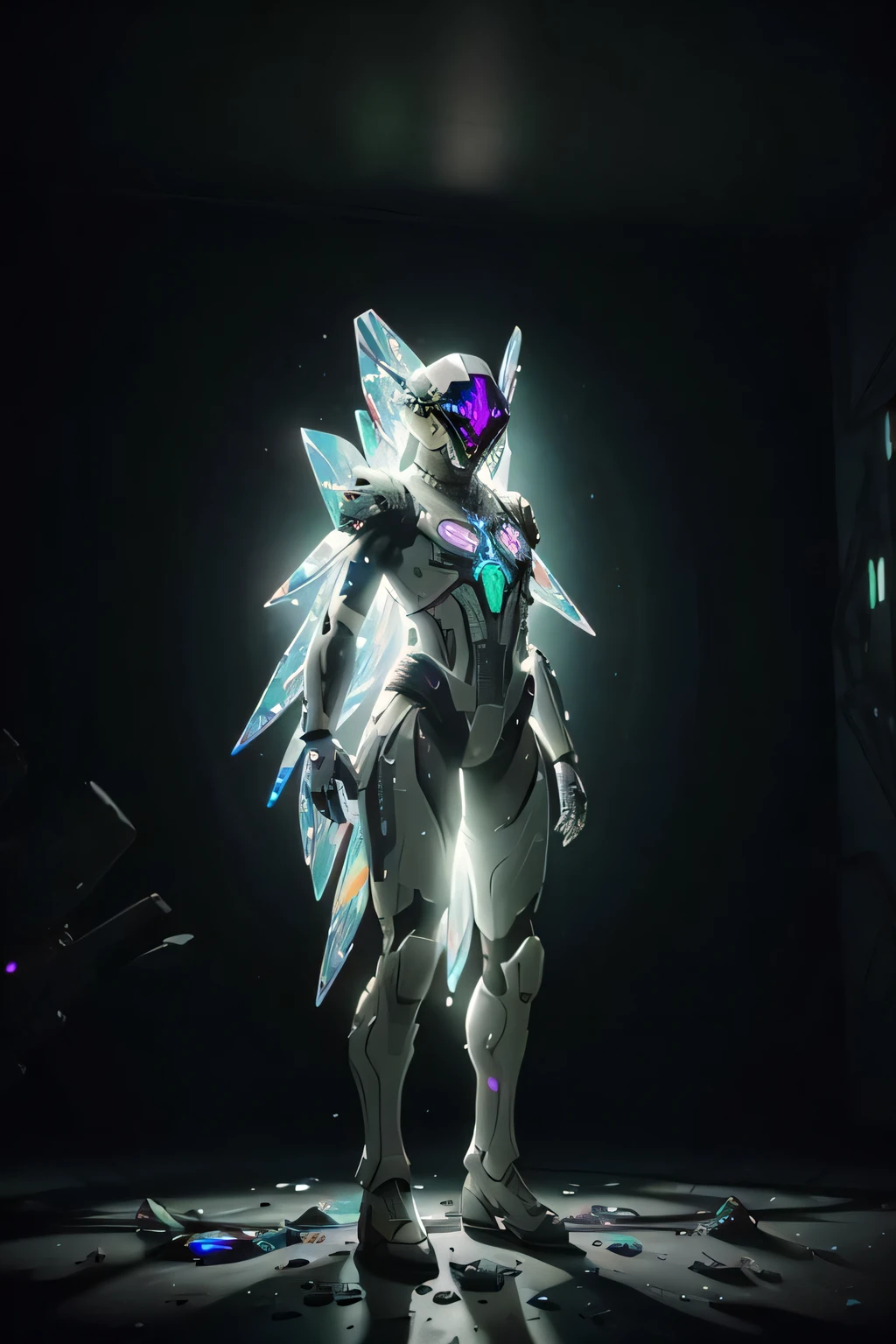 a photo of 8k ultra realistic corrupted rainbow transparent glass humanoid queen standing next to a spaceship window overlooking earth, swarm of transparent glass shards, cinematic lighting, trending on artstation, 4k, hyperrealistic, focused, extreme details, unreal engine 5, cinematic, masterpiece