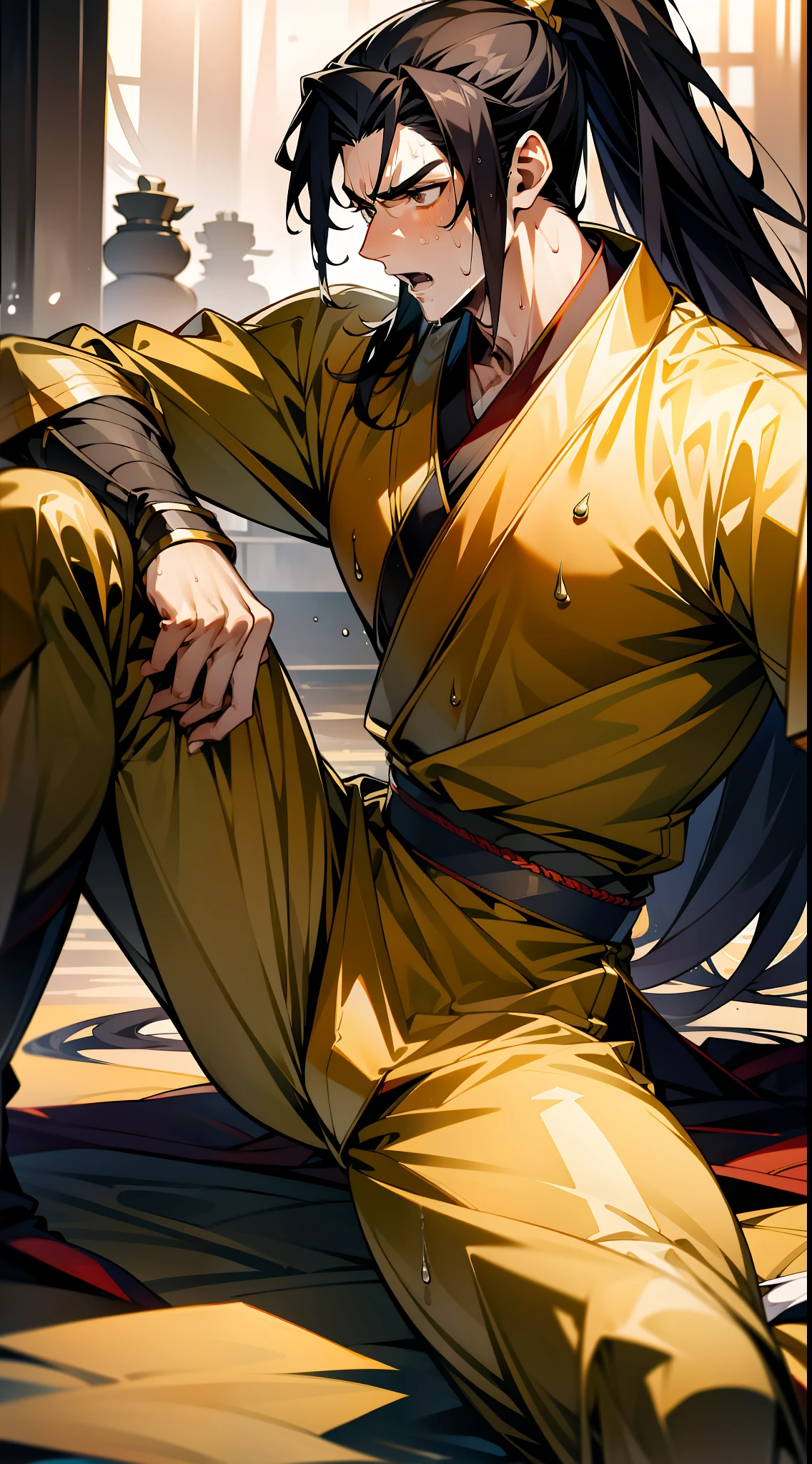 1 male, sweating, open mouth, drooling, wet, wet, sweaty pectorals, sweaty abs, sweaty crotch, golden costume Hanfu, dragon robe, handsome face, highest image quality, dark skin, high ponytail long hair, detail Hanfu, wearing arm guards, armor, leg guards, leggings, boots (ancient Chinese military boots), looks like a general, squat, forked legs squat, half squat, sweaty crotch, crotch shape, crotch sweat, long legs, leg contour, thigh close-up, calf close-up, perfect legs