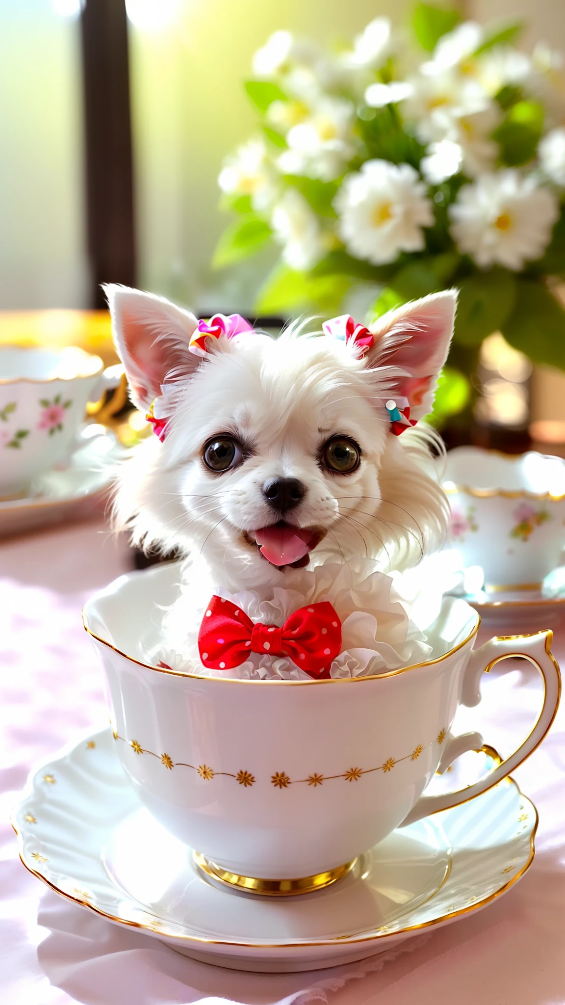 Cute little white Chihuahua in a teacup, big eyes, 8k, delicate, clear, (((real)), paws sticking out of teacup, sticking out tongue, ((cute)), ((small)), professional photographer, professional photography, (((hair is fluffy)), antique and stylish teacups and plates, (face sticking out of teacup), indoors, sunlight, light leak, Reality like photo, ribbon, wearing scrunchies on ears, white, like photo
