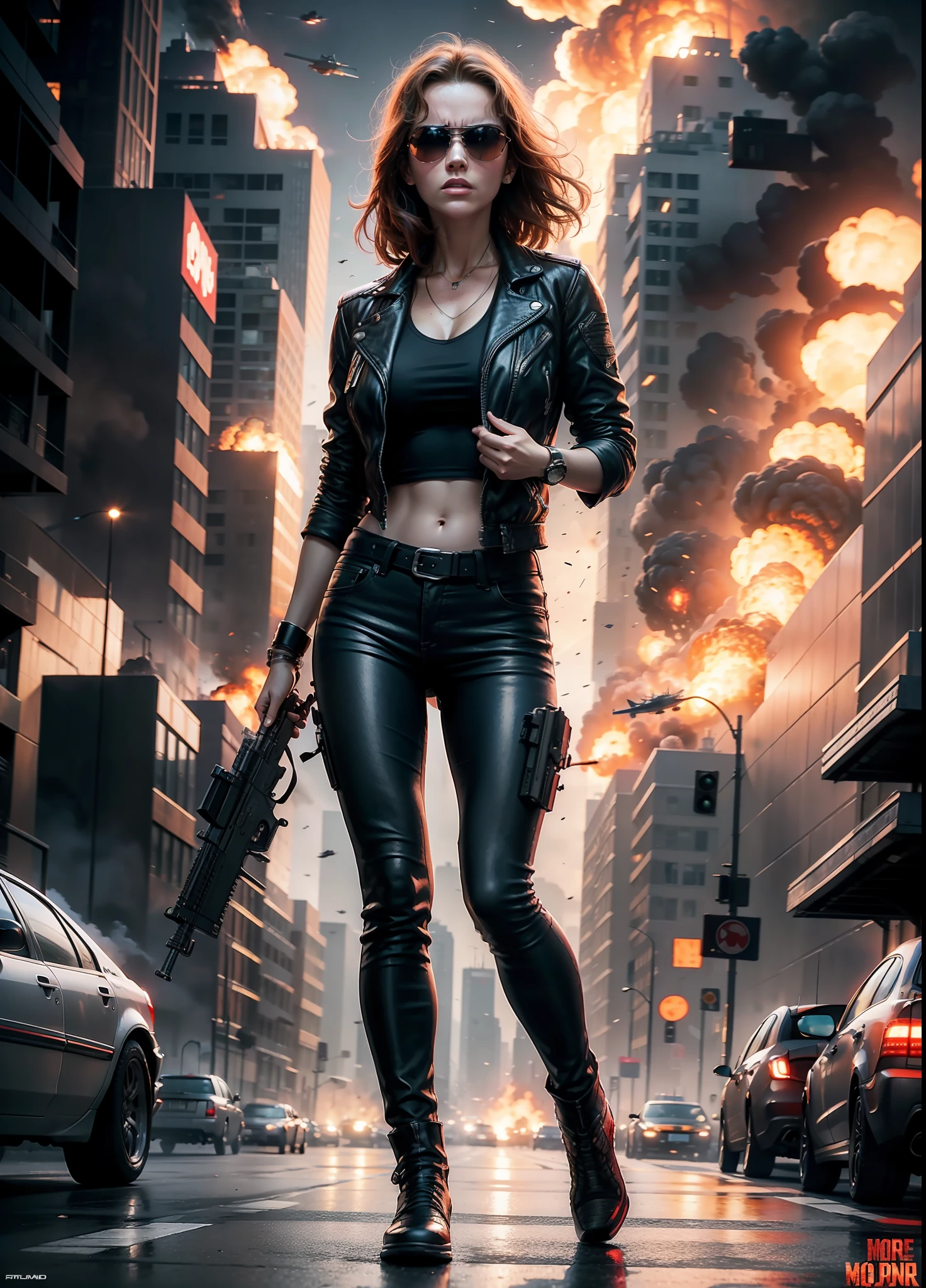 Terminator movie poster woman walking, explosions, guns, cars, planes