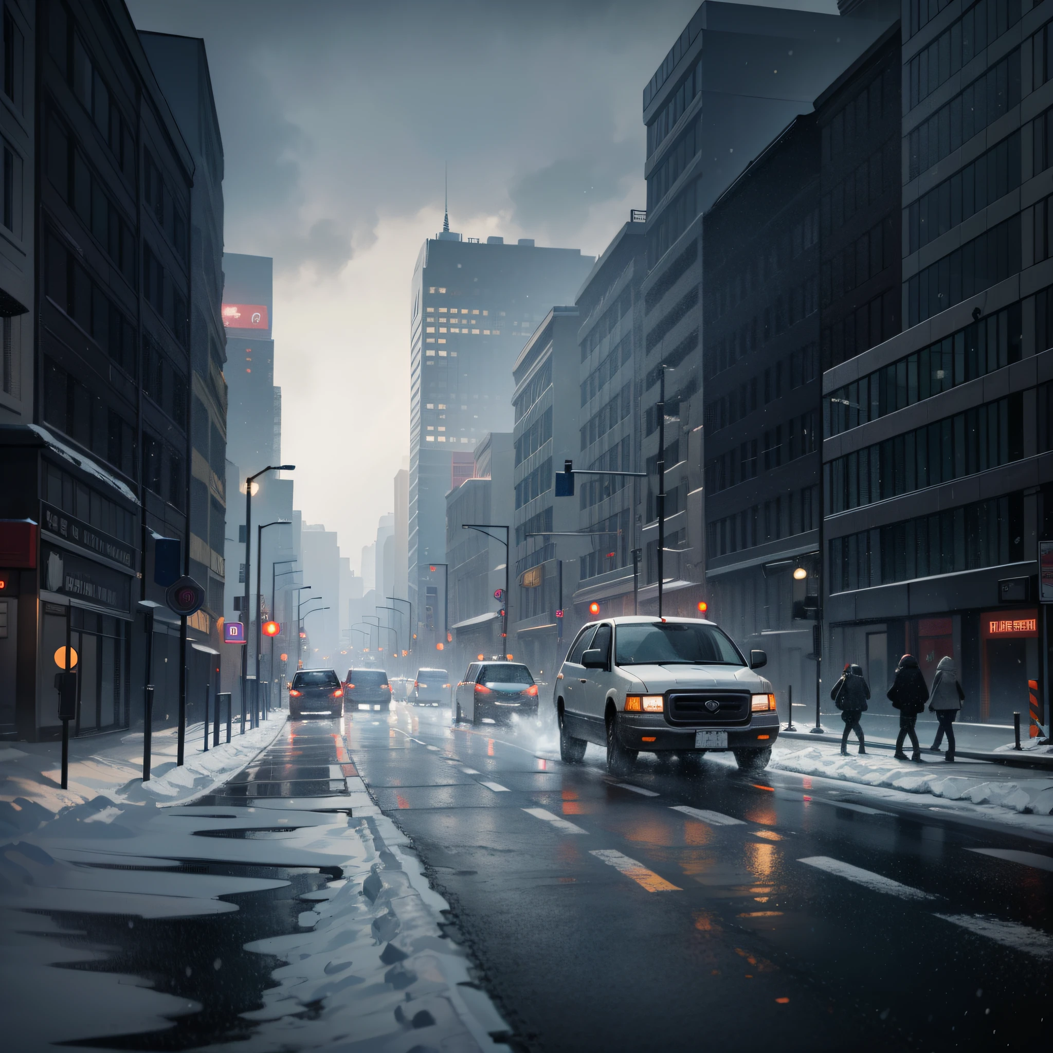 In the middle of the city road, there is a blizzard, dark clouds, pedestrians, scene map