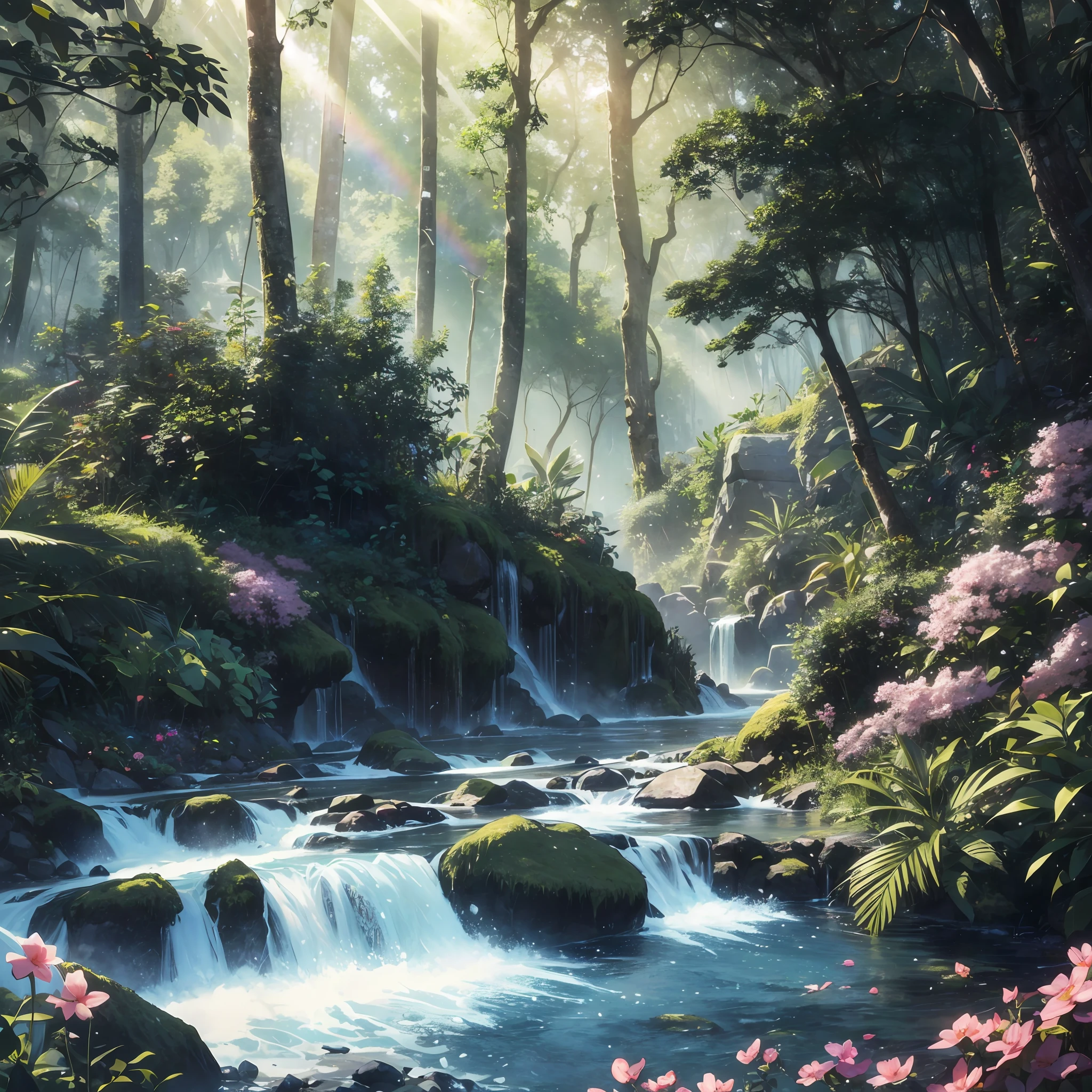 res, ultra detailed, (no human:1.3), BREAK , Create an image using a dark rainbow prism effect, with light refracting and creating ethereal cinematic appearance. BREAK , Design an image with a cinematic lens , capturing a wide field of view with a distinctive, curved perspective. BREAK , Capture a wide river,dense rainforest , with aged thick trees, rocks, waterfall,trees with colorful flowers,dappled sunlight, and a sense of tranquility and natural beauty. BREAK , Illustrate a rainforest world, using only godray shades of nature to convey depth, emotion, and a striking visual impact --auto --s2
