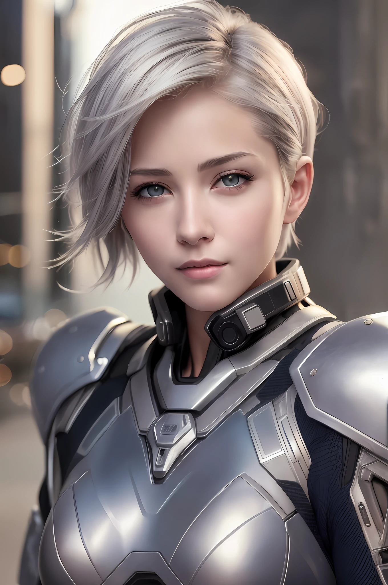 (8k, photorealistic, RAW photo, top quality: 1.4), (1girl), super beautiful, (realistic face), (boyish, silver-colored berry short hair), beautiful cyberpunk suit, glares seducing viewer, beautiful expression, beautiful breasts, (realistic skin), beautiful smile, (soldier), attractive, ultra high resolution, ultra realistic, high definition, spoiled