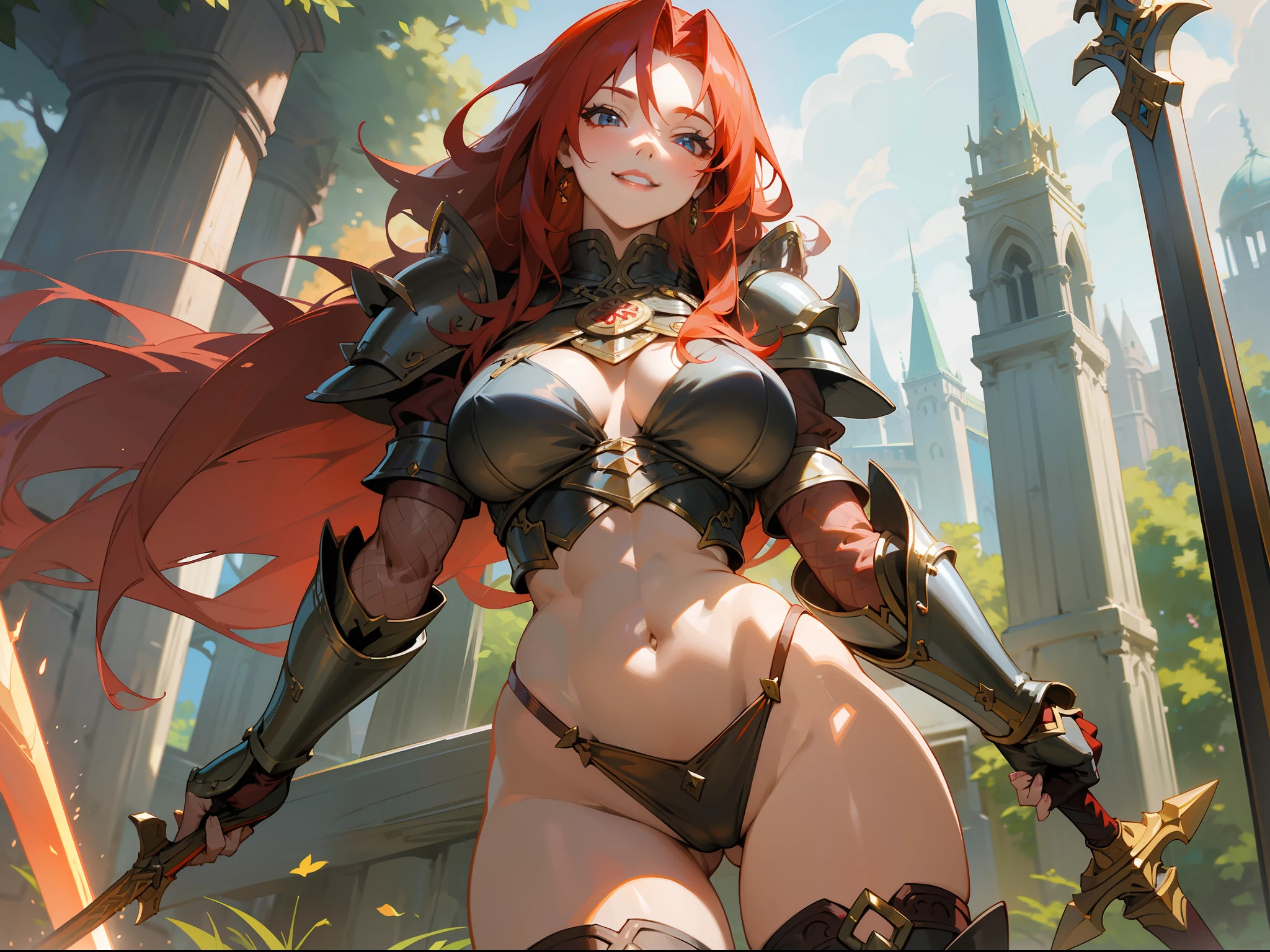 masterpiece, best quality, mature woman, strong, long red hair, light eyes, smile showing teeth, berserker, sword, light leather armor, beautiful breasts, exposed thighs, exposed navel, boots, thin thong, fantasy, medieval, outdoor, nature, dungeon background, dynamic pose, beautiful detailed glow.