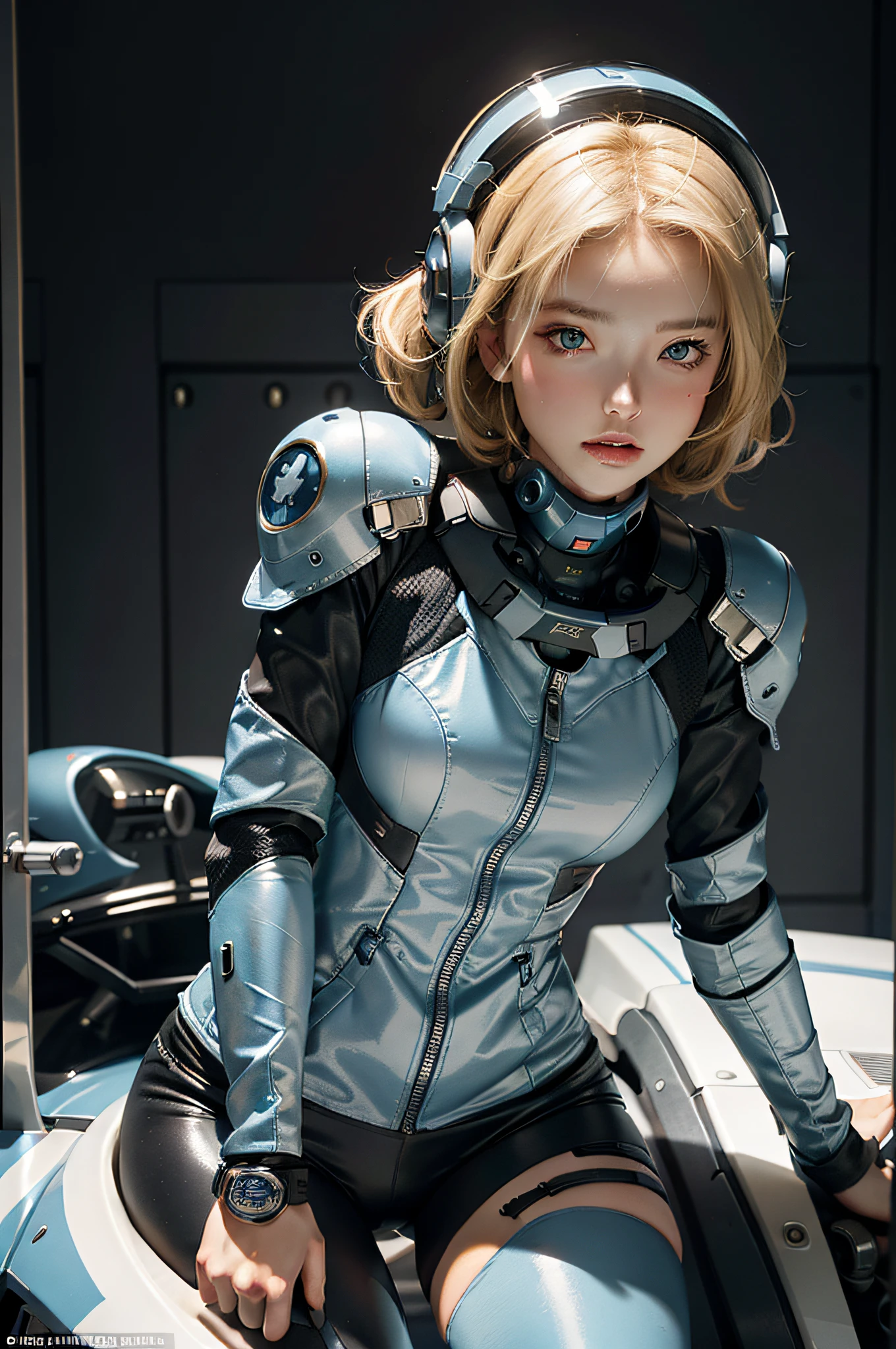 Best image quality, outstanding detail, ultra-high resolution, (realism: 1.4), best illustration, prefer details, blonde, super short-cut, petite, highly condensed 1girl, delicate and beautiful face, dressed in black and blue mecha, wearing a mech helmet, wearing a black and white pilot suit, straddling a vehicle and leaning forward, the background is a high-tech lighting scene of a futuristic city.