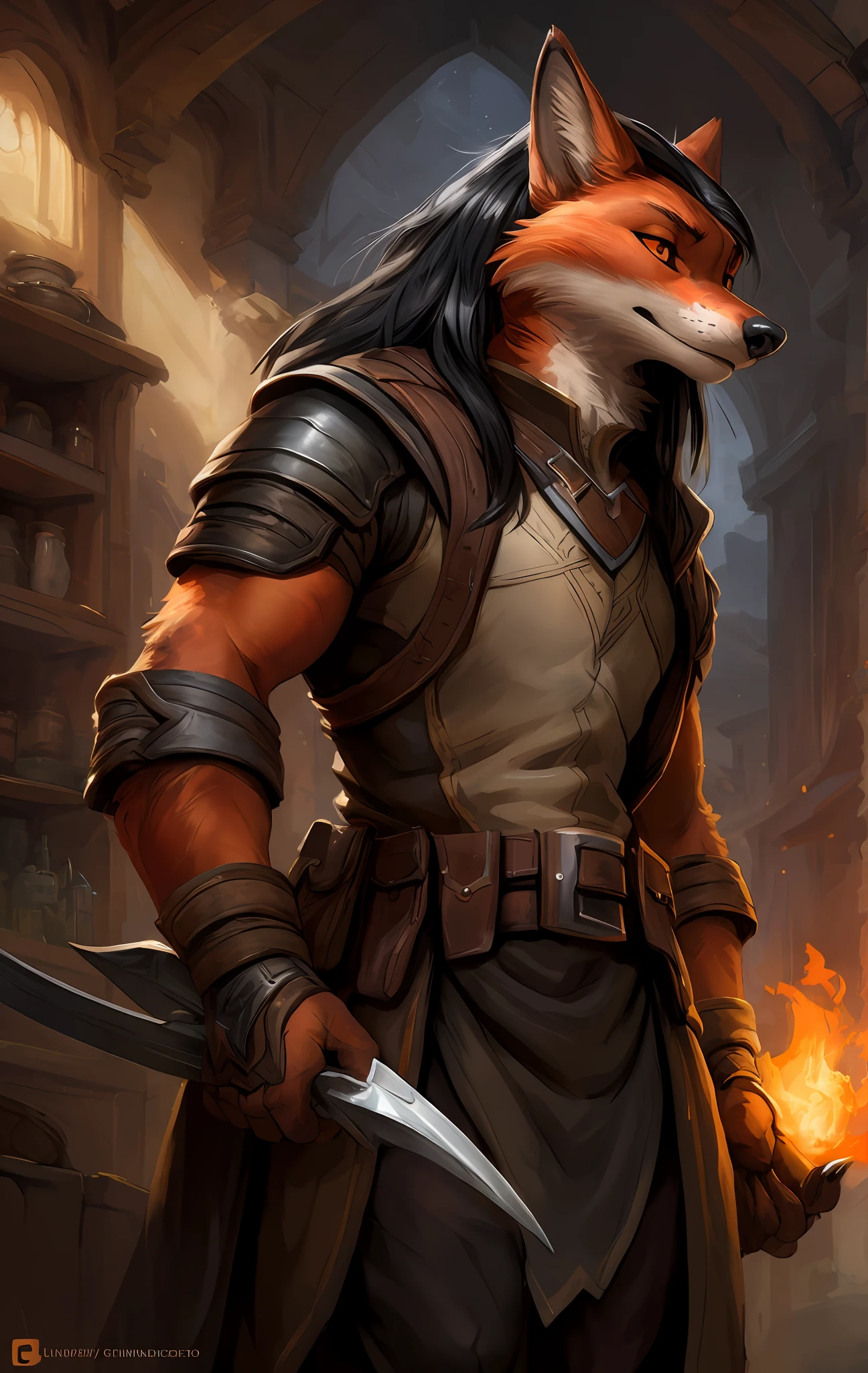 kenket, ross tran, ruan jia, bonifasko, a full size shot of a one character, male Nick Wilde with black hairs, made out of (wandering ranger), orange golden eyes, orange fur, white, long black hairs, black mane, fantasy portrait, finely detailed brown tunic of brown color, intricate design, double blades, silk, cinematic lighting, 4k,