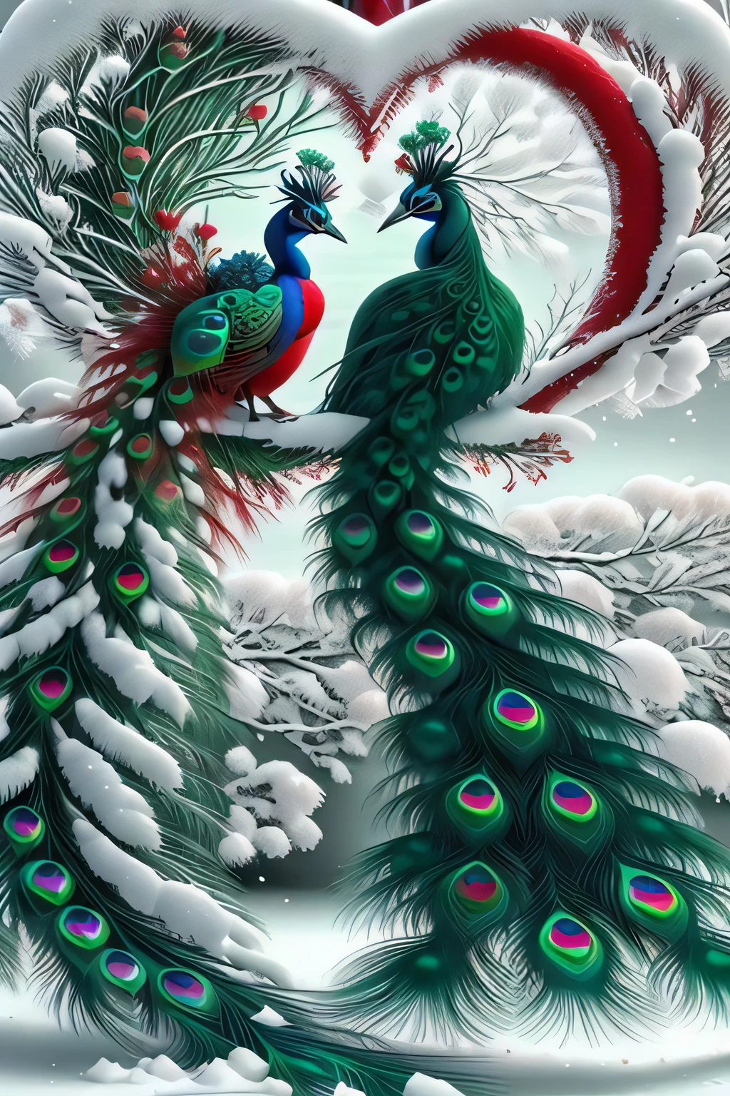 beautiful rime and snow scenery, couple of (red peacock) and (green peacock), full characters, side by side standing in branches, rime-like tails into the love heart shape, the earth is white, view from below,