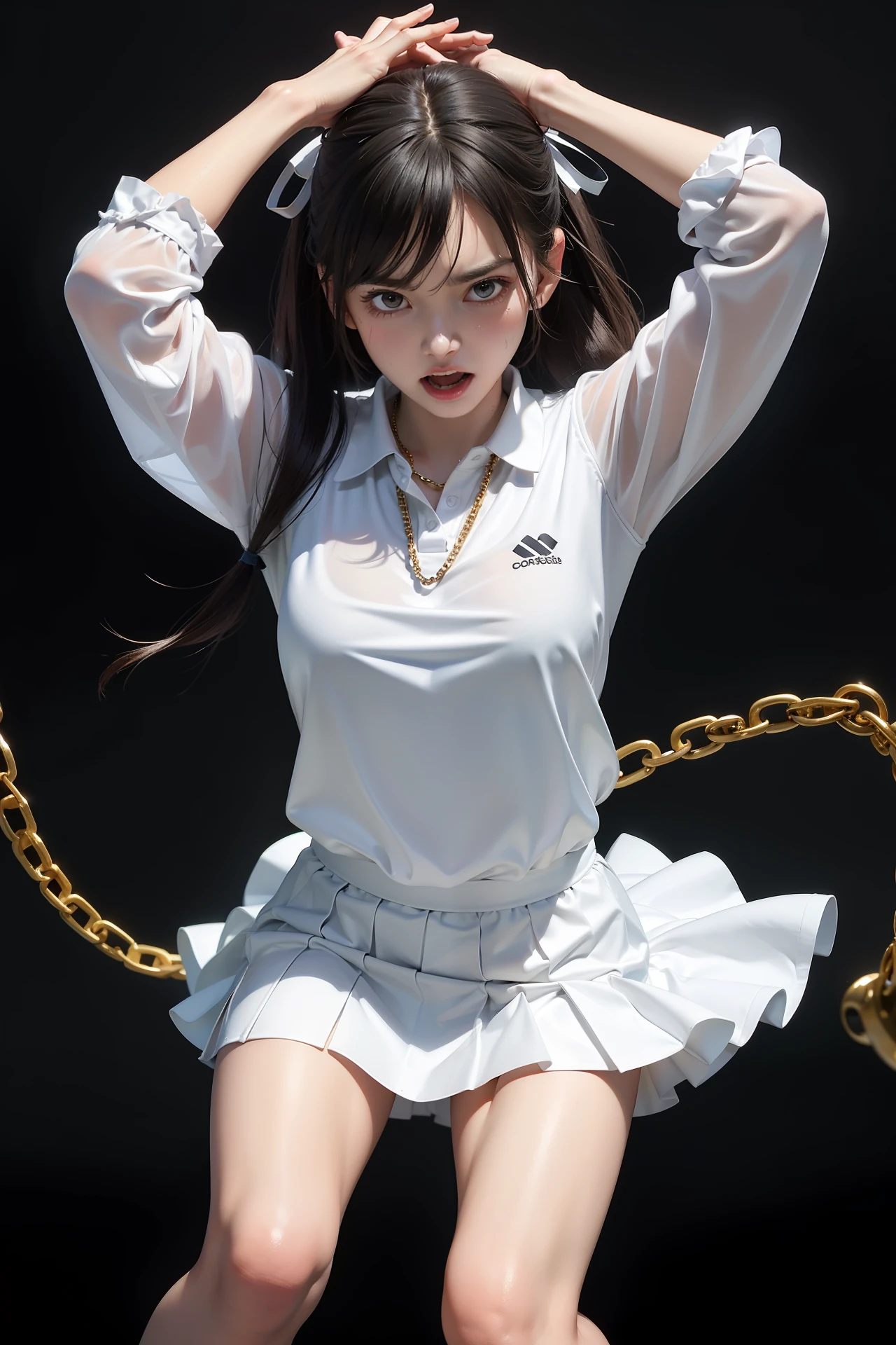 white polo shirt, (1girl, solo), white sneakers, tennis wear, white miniskirt, masterpiece, top quality, realistic, hyper-detailed, (glossy skin, sweaty: 1.4), absurdity, looking at viewer, short twintails, black hair, top quality ), (blue sky, tennis court),without clothing, ((chain ribbon, iron-colored chain), viewer's eye, dynamic, bird's eye view, low angle, long hair, black eyes , see-through underwear, anger, screaming, agony, glowing eyes, sweat) ), simple background, full screen of chains, chained, ((arms up, behind head)), bondage, low angle , BDSM, Chained, Perfect figure, Bust