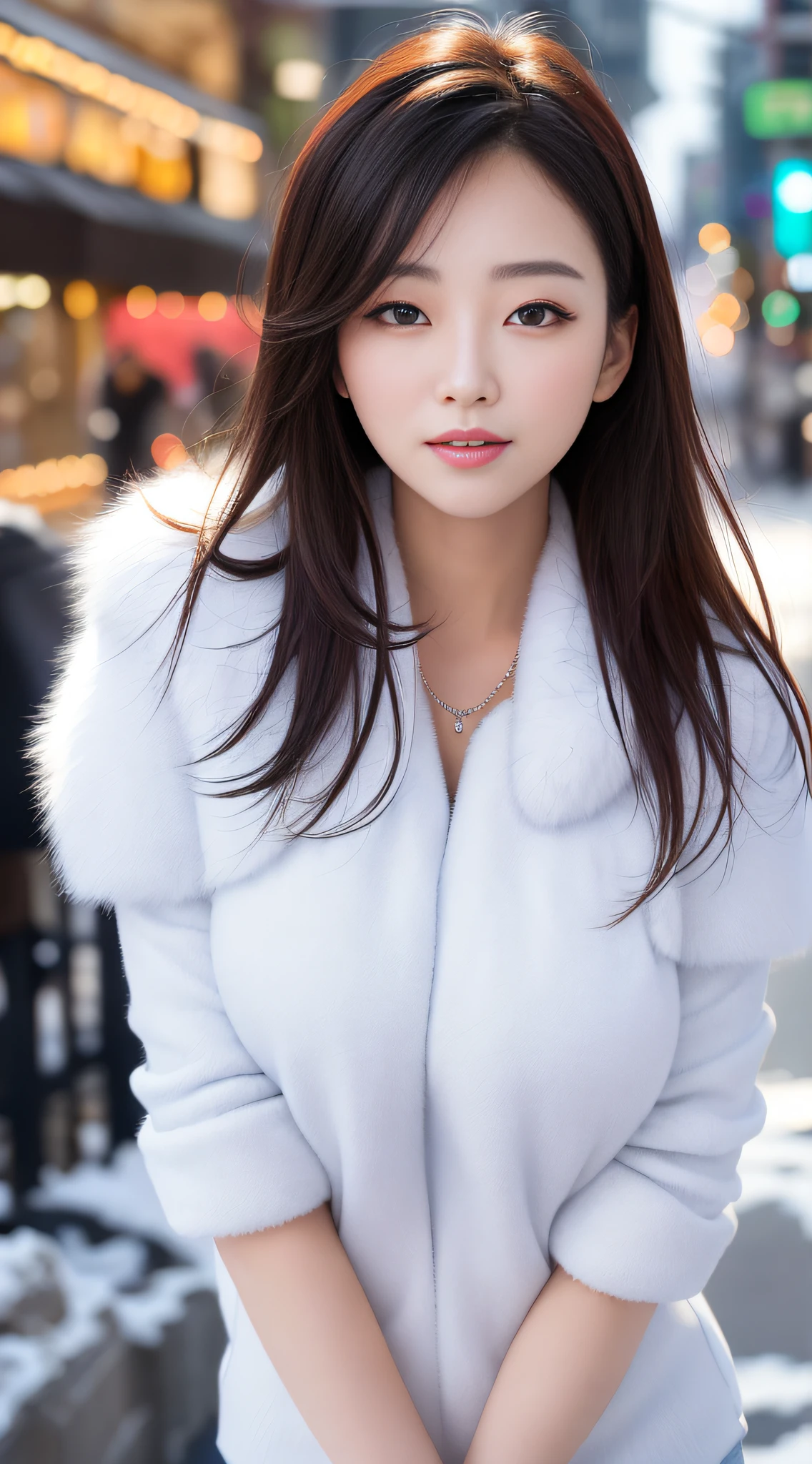 Beautiful, (masterpiece: 1.2), (best quality: 1.2), perfect eyes, perfect face, perfect figure, perfect lighting, Korean female, 28 years old, (single), street, snow, wind, face focus, dynamic angle, gentle smile, detailed breathing, collar, moist body