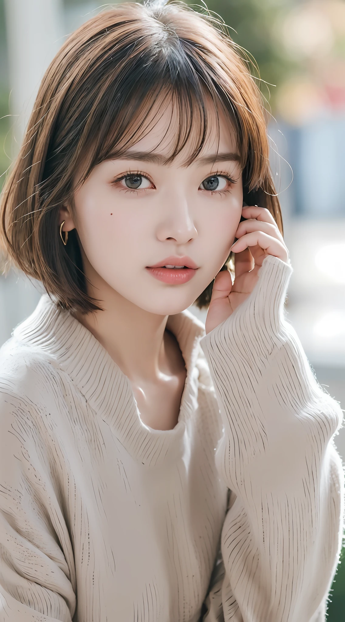 (8k, RAW photos, top quality, masterpiece: 1.2), ultra detailed, super resolution, (real, real photos: 1.37), portraits, high definition RAW color photos, professional photos, very detailed and beautiful, highly detailed, 8k wallpapers, amazing details, huge file size, official art, highly detailed CG Unity 8k wallpapers, highly detailed beautiful girls, highly detailed faces, Highly Detailed Eyes, Highly Detailed Skin, Highly Detailed Fingers, Very Detailed Nose, Highly Detailed Detailed Mouth, Perfect Anatomy, Detailed Background, Detailed Clothes, One Girl, (20:1.2), 20s, Cute Girl, Realistic Body, Petite, White Skin, Radiant Skin, Slim Body, Black Hair, Short Hair, (Blunt Bangs: 1.2), Cute, Youthful, Pretty Face, Realistic Face, Delicate Eyes, Sale Eyes, ( (Fashionable winter clothes)), ((Up)), ((((Short hair)))), Earrings, Looking at the camera, Cowboy shot, Facing Front, Standing Posture, Contrapposto, Dynamic Lighting, C Cup Breasts,