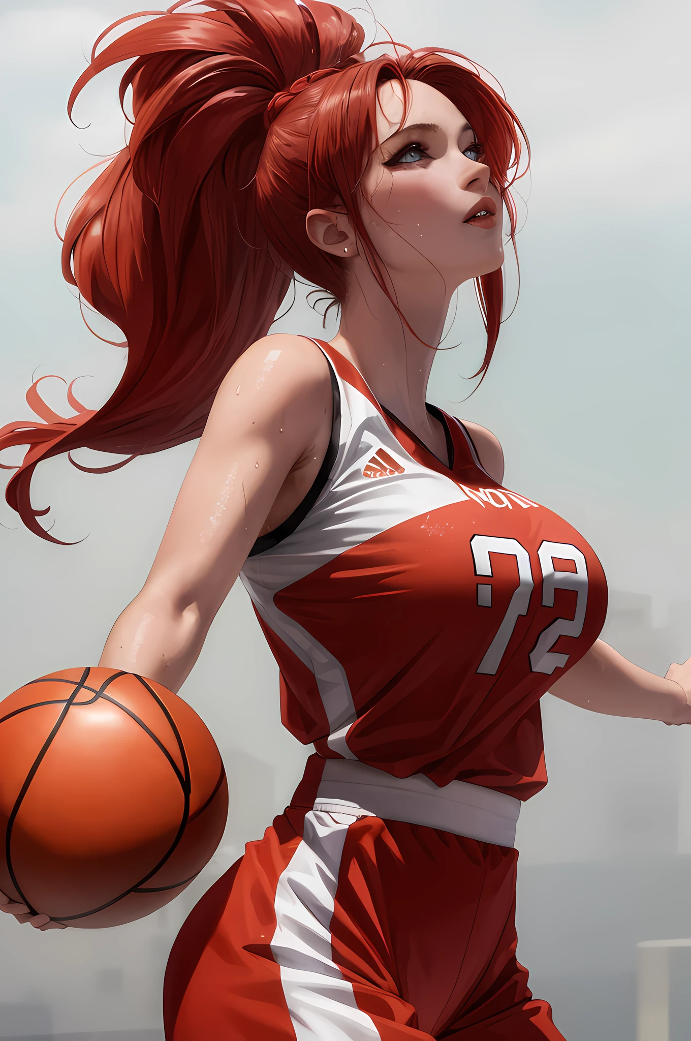 Masterpiece: 1.2, Best Quality), Realism, (Real Pictures, Intricate Details, Depth of Field), (1girl, Solo), Makeup, Lip Parting, High Detail, Perfect Face, (Huge Tits: 1.4), (Skindentation), Thick Thighs, Wide Buttocks, Thin Waist, Tall, Coral Lips, Red Hair, Red Eyes, Ponytail, ((Girl Playing Basketball, Red Jersey)), (Sweating: 1.2), (Wet), Sexy, Blushing,