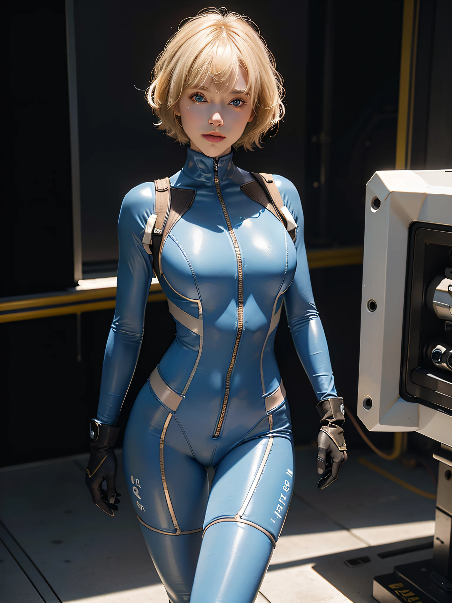 Full body, best quality, masterpiece, 1 girl, 3D, realistic, CG, unity, 8k wallpaper, blonde, short hair, artist_name, bangs, blue_eyes, bodysuit, lips, looking_at_viewer, blue_bodysuit, plug suit, realistic, solo, test_plugsuit, gloves, smile, city