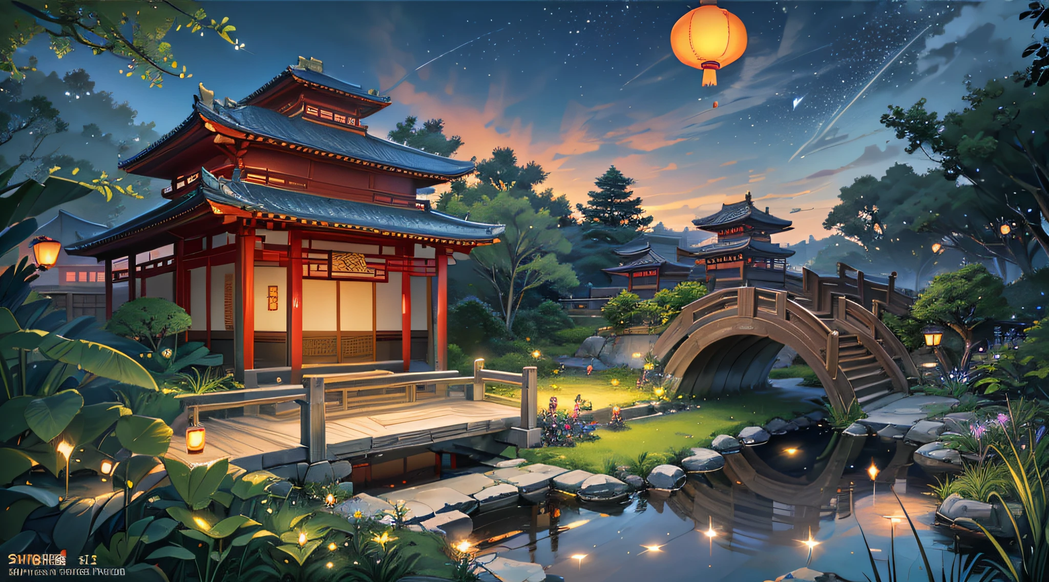Chinese Garden, Small Bridge and Flowing Water, Night Starry Sky, Summer Night Sky, Fireflies, Bamboo Forest, Sea of Flowers, Extreme Details, Realistic Light, Epic Composition, (Intricate Details), (Intricate Design, Ultra Detail: 1.2), Art Station, (Masterpiece, Best Quality), Ultra HD, 32K --auto --v 6 --s2