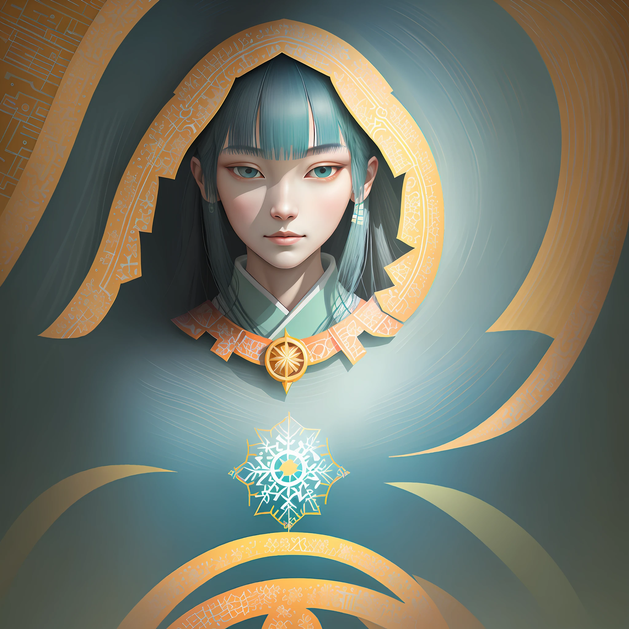 winter solstice day, mystery, artwork in the style of victo ngai, bright colors, ultradetailed, japanese patchwork