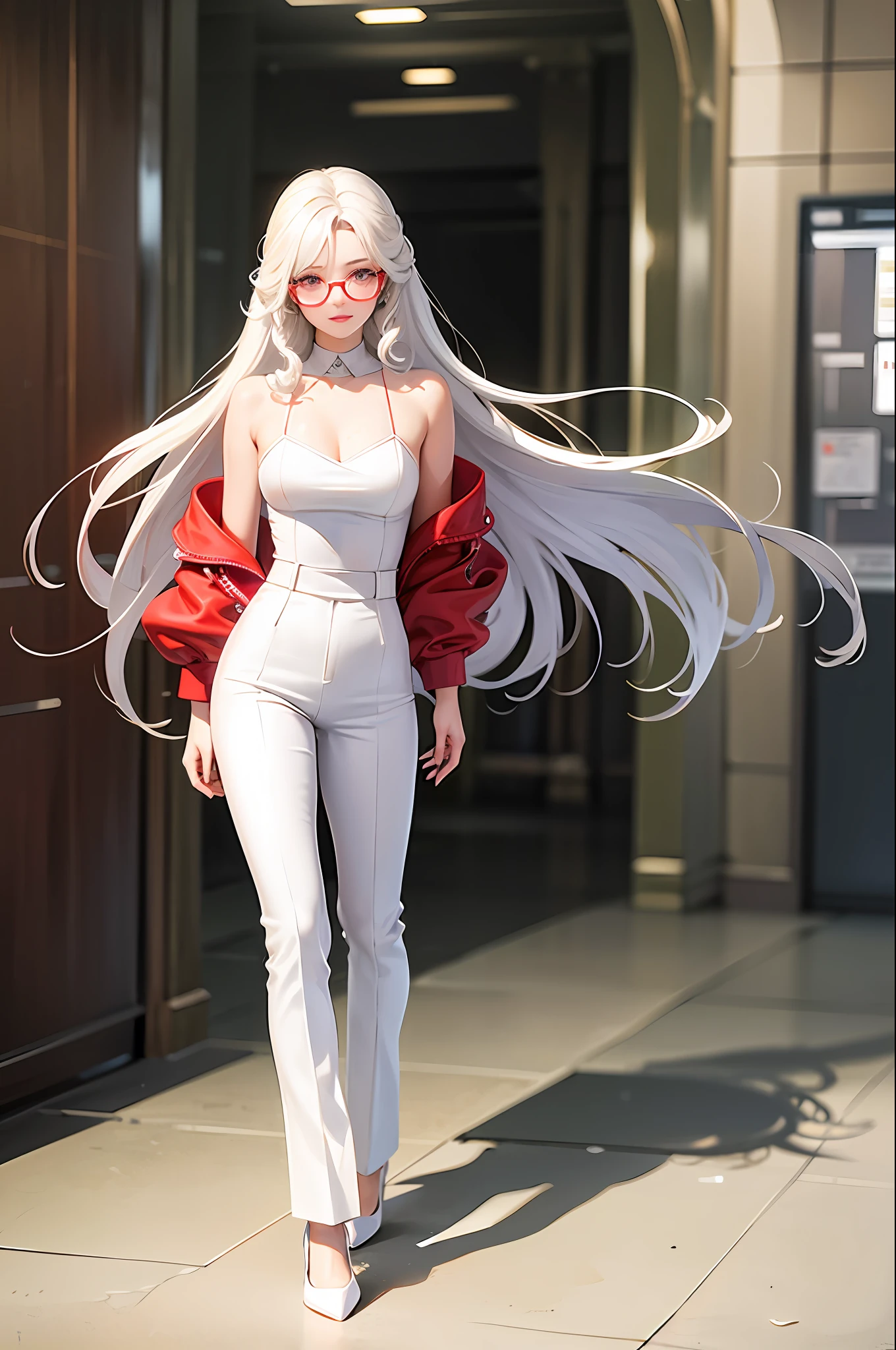 masterpiece, best quality, ((pure white background)), standing, wearing glasses, long curly hair, cold face, full body, gray casual suit pants,red High heel, ((white tube top)), brown jacket, (Fashionable clothing:1.3), happy, light effect, soft, super clear, high-definition picture, (front)