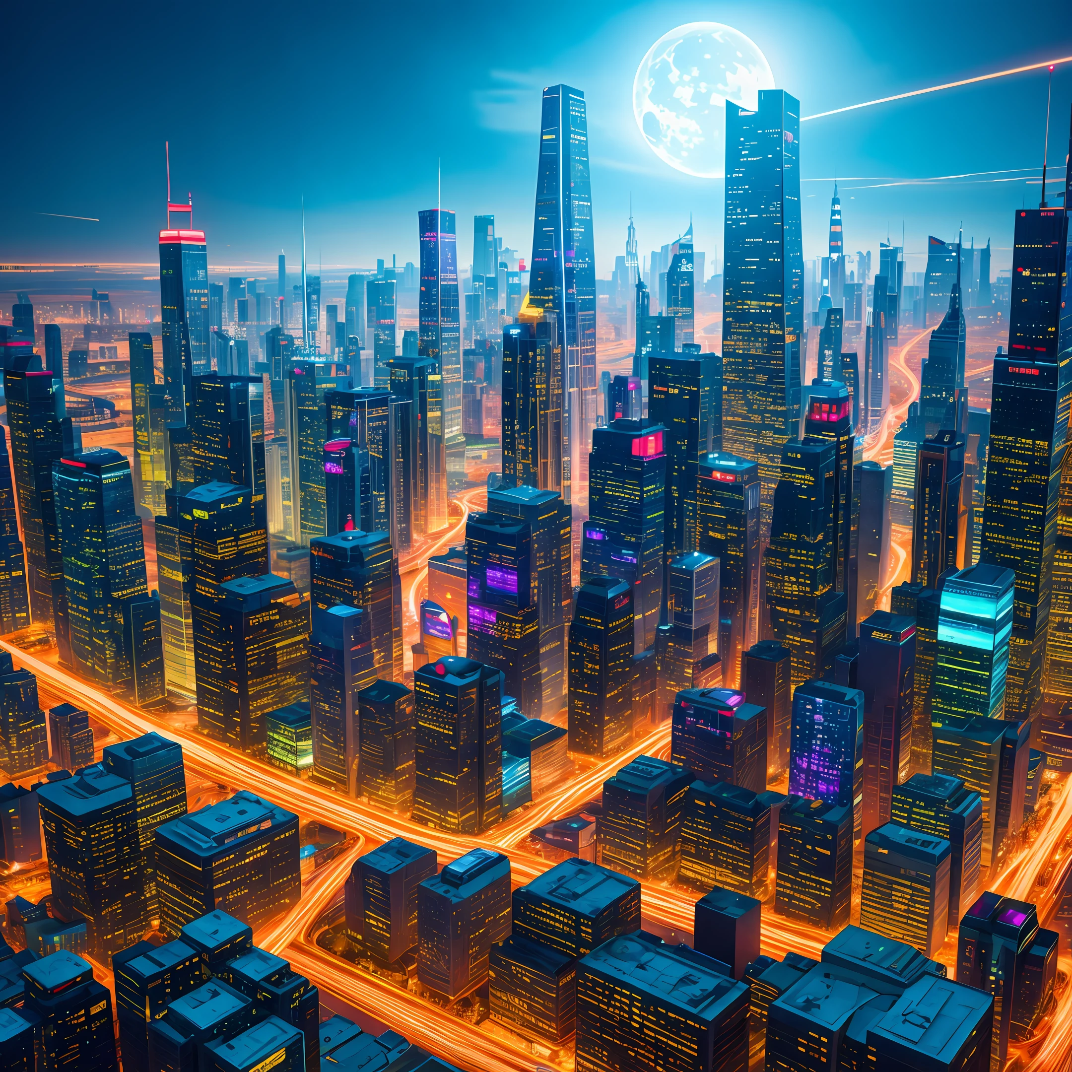 A scene of a futuristic city, busy and glorious
Dazzling. High-tech buildings rise up,
It's like a vibrant being. Night falls
, the city is brightly lit, intertwined into a rapidly changing light and shadow. carrying fisheye lenses with drones,
Capture this futuristic spectacle. Photos are used
Holographica 2077 film shooting, with a future
Technological color and texture.