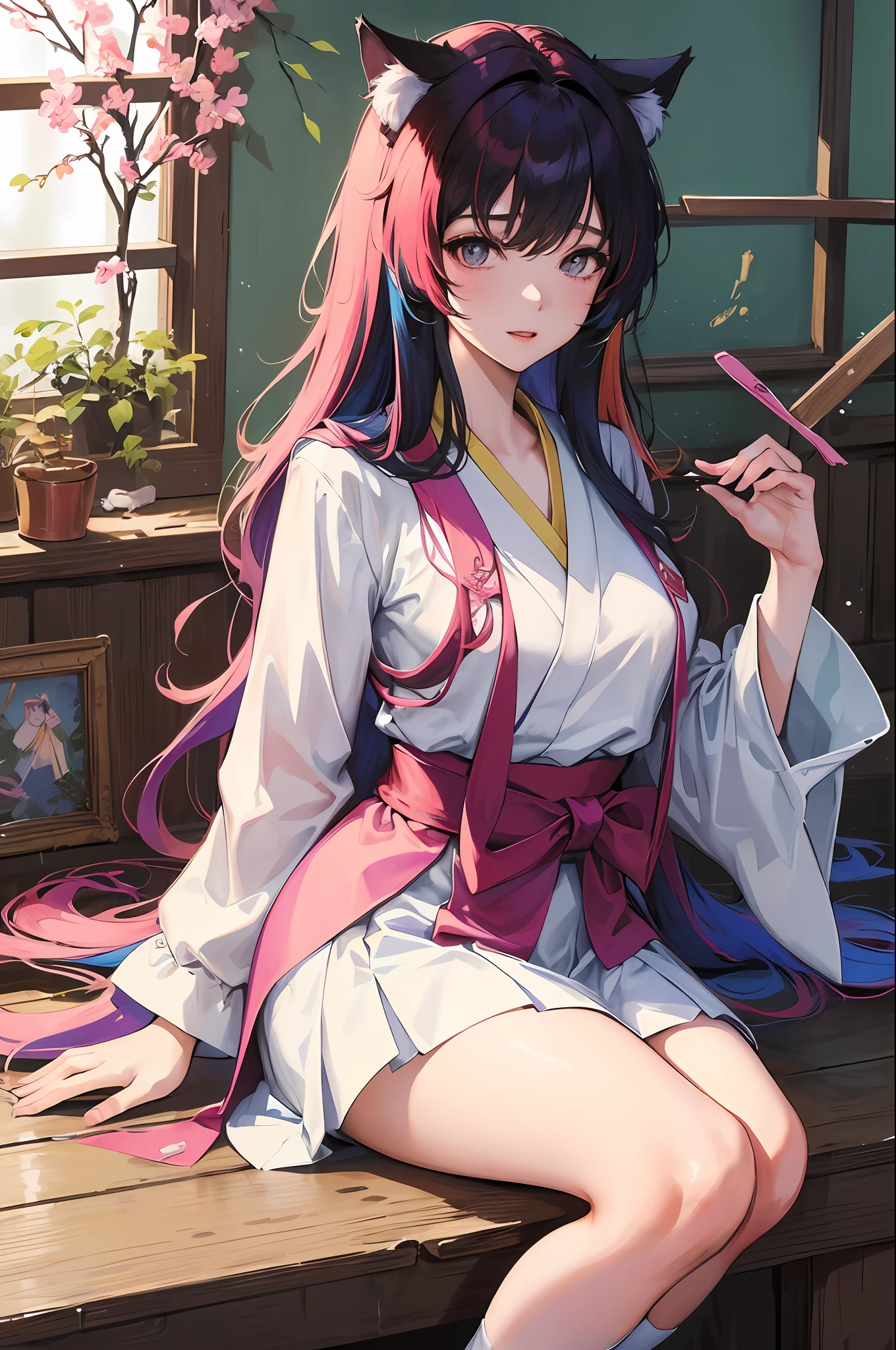 Super detailed details, masterpieces, anime - style image of a beautiful girl in a Japanese school uniform, (multicolored hair 1.1), sitting on the bed, laughing expression, wearing cat ears on the head, Shi Tao's anime manga, pixiv, fantasy art, seductive anime girls, cute anime beautiful girls, Guwiz on the pixiv art station, from the girl front, popular on the ArtStation Pixiv, ArtStation Guweiz on Pixiv on ArtStation Pixiv
