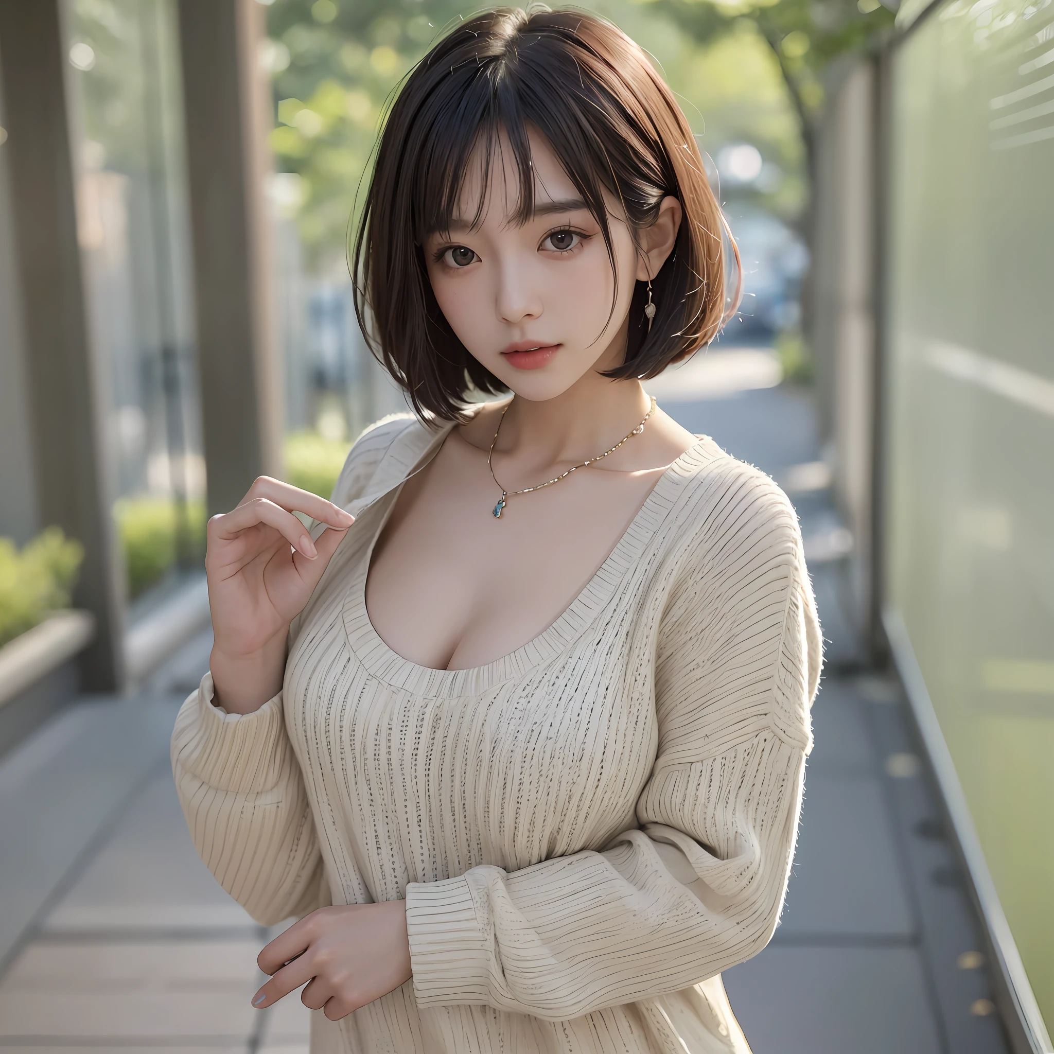 (Best quality, 8k, 32k, Masterpiece, UHD:1.2),Photo of Pretty Japanese woman, large breasts, very short bob hair,upper body,face focus,oversized_sweater, necklace, simple background, from above, looking at viewer, --auto --s2