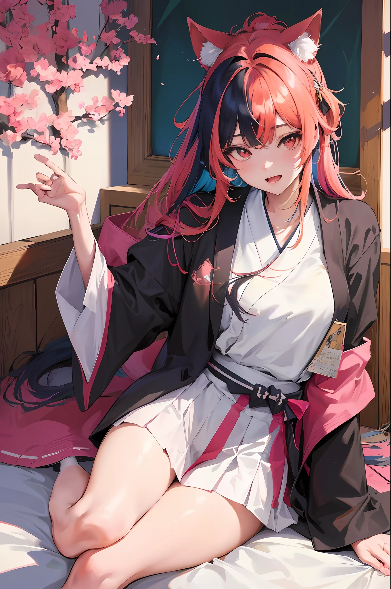 Super detailed details, masterpieces, anime - style image of a beautiful girl in a Japanese school uniform, (multicolored hair 1.1), sitting on the bed, laughing expression, wearing cat ears on the head, Shi Tao's anime manga, pixiv, fantasy art, seductive anime girls, cute anime beautiful girls, Guwiz on the pixiv art station, from the girl front, popular on the ArtStation Pixiv, ArtStation Guweiz on Pixiv on ArtStation Pixiv