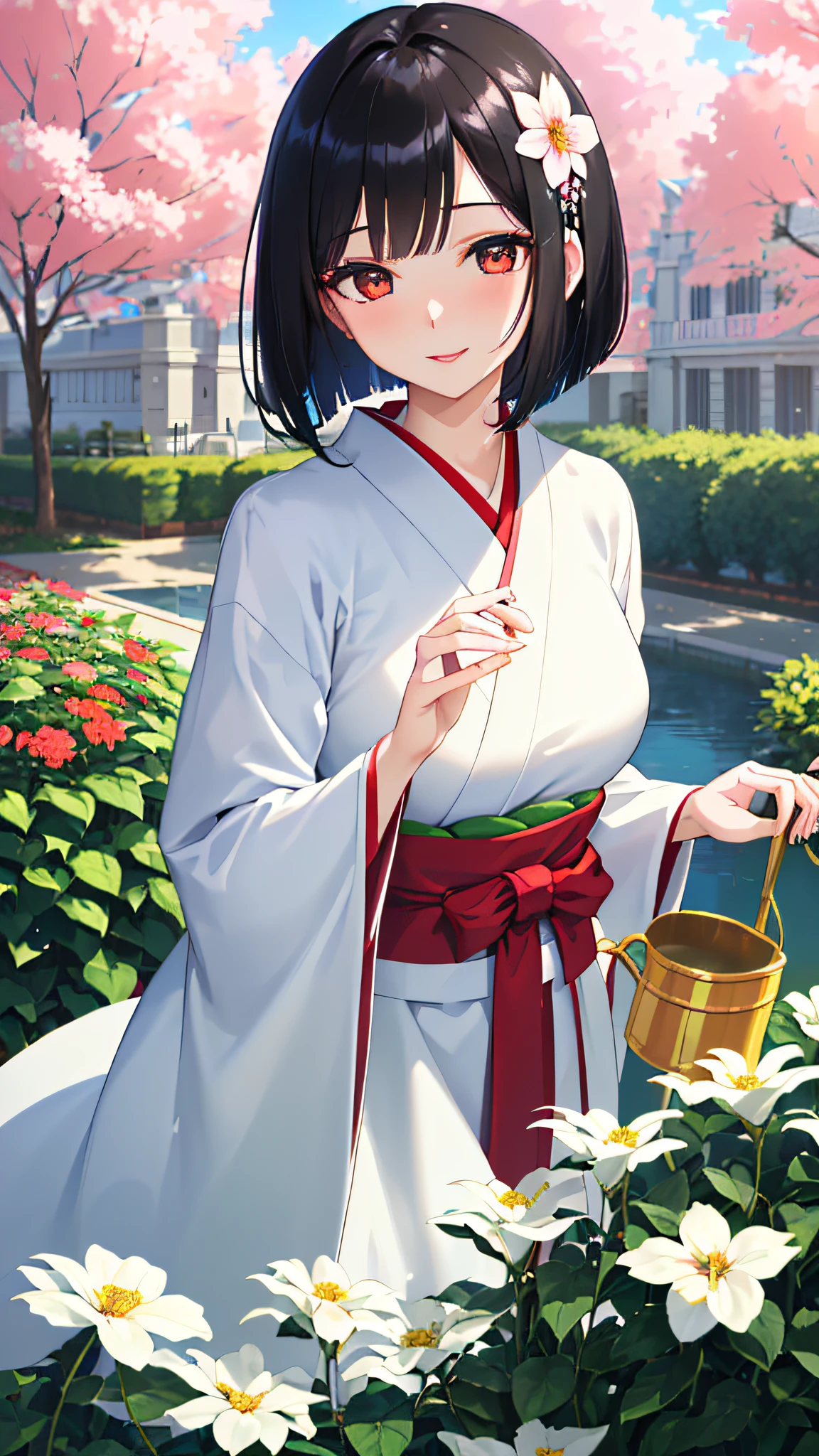 (highest quality), ultra high resolution, high definition, (((masterpiece)), animation, 20 year old anime woman, white and beautiful skin, beauty, beautiful black hair, bob cut, thin lipstick, flower hair ornament, beautiful red color eyes, kind smile, white and gorgeous floral kimono, detailed florist, upper body, kpop idol, girl alone, big, cute face, having a beautiful and detailed watering can, kind eyes, Detailed building, 8K,