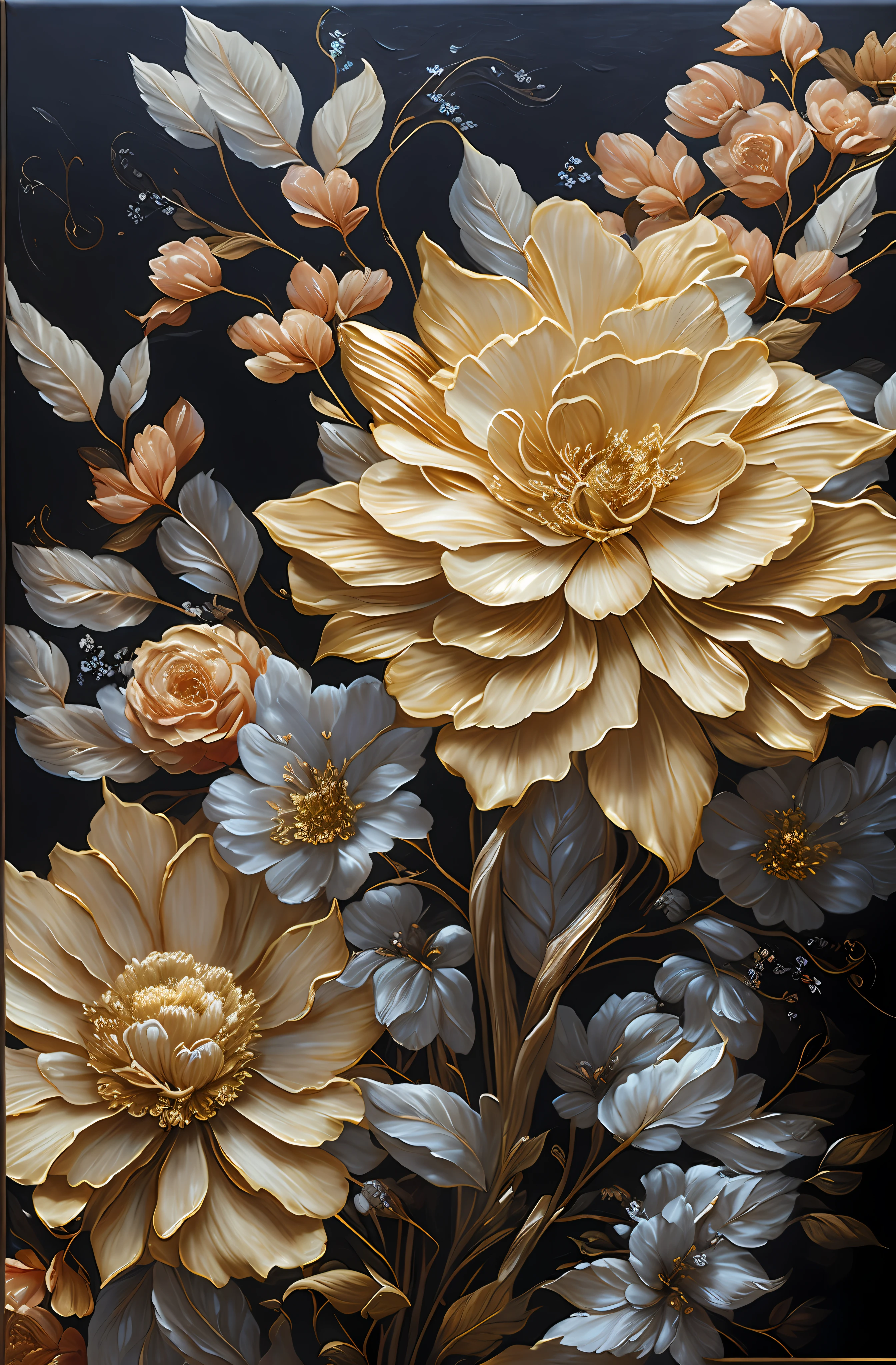 There is a painting of flowers, there are gold and silver leaves, gold flowers, golden peony flowers, golden roses, flowers and gold, (gilded relief: 1.5), detailed flowers, gorgeous flowers, golden flaky flowers, intricate flowers, chaotic gold leaf flowers, detailed 4K oil painting, stunning and rich details, gilded. Floral, floral. Baroque elements, intricate oil paintings