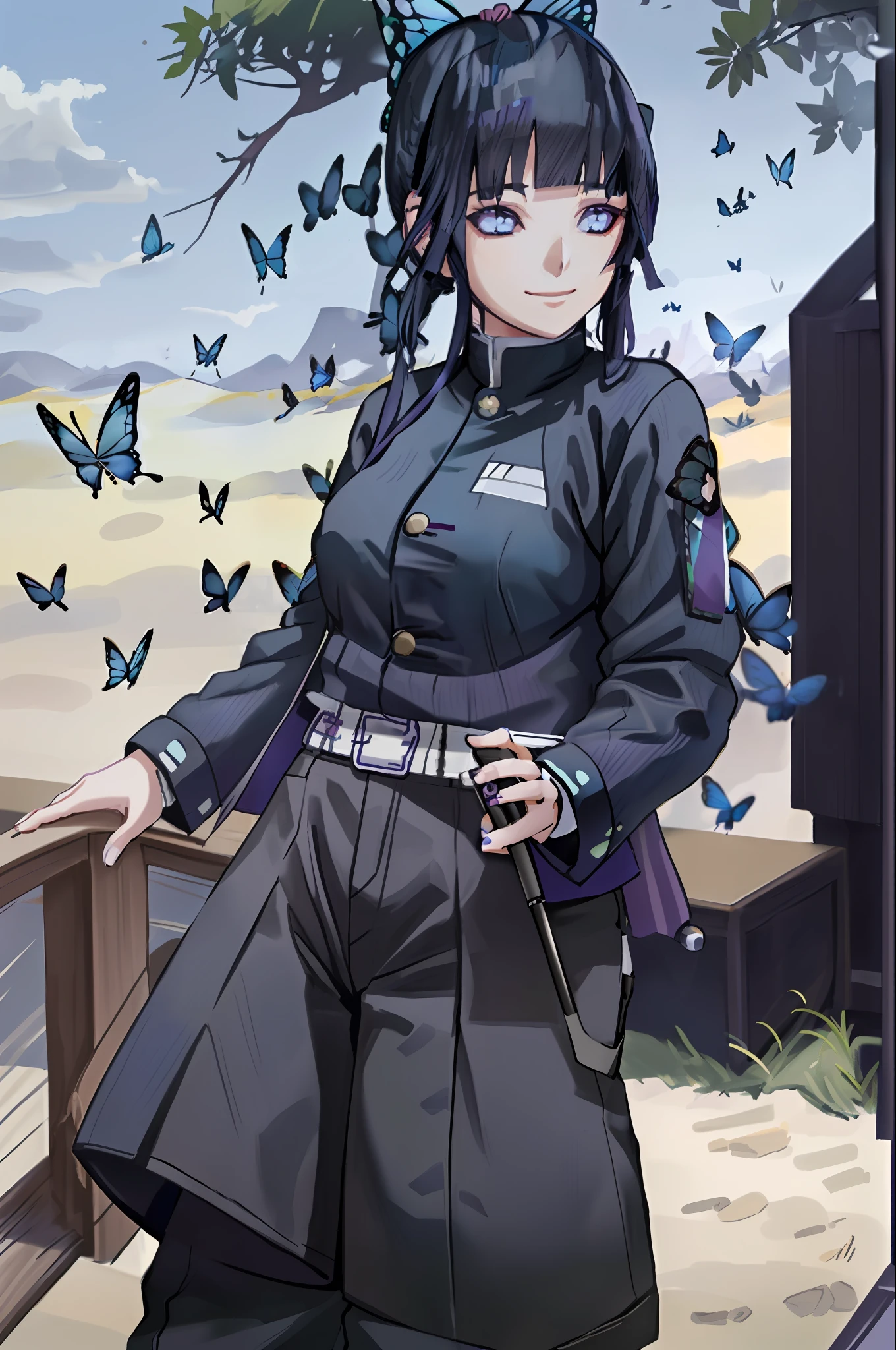 1girl, blunt bangs, dark blue hair, black jacket, black pants, medium breasts,  (butterfly hair ornament) , hair ornament,((haori)),japanese clothes, long sleeves, pants, ((blunt bangs)), purple eyes, ((dark blue hair)), ((long hair)), smile, solo, uniform, outdoors,leaning on railing,sunset, hinata/(boruto/)