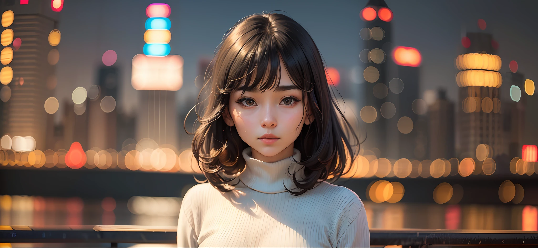 pureerosface_v1, Best Quality, Photorealistic, 8K, High Definition, 1 Girl, Woman, (Skindentation), (Portrait: 0.6), ((Night View of Yokohama: 1.6, Small Round Breasted, High Neck Sweater: 1.5)), Straight Look Viewer: 1.8, (1 Girl's Eye Viewer: 1.45, Medium Length Hair, Black Hair, Part Bang: 1.15), Photorealistic, (Bokeh), --auto --s2