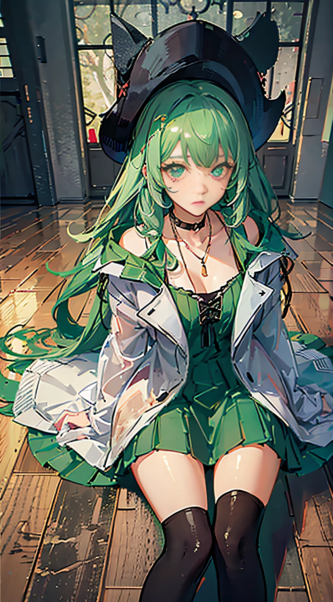 Masterpiece, best quality, 1girl, long green hair, raincoat, choker, necklace, fashion, wooden floor, wariza,