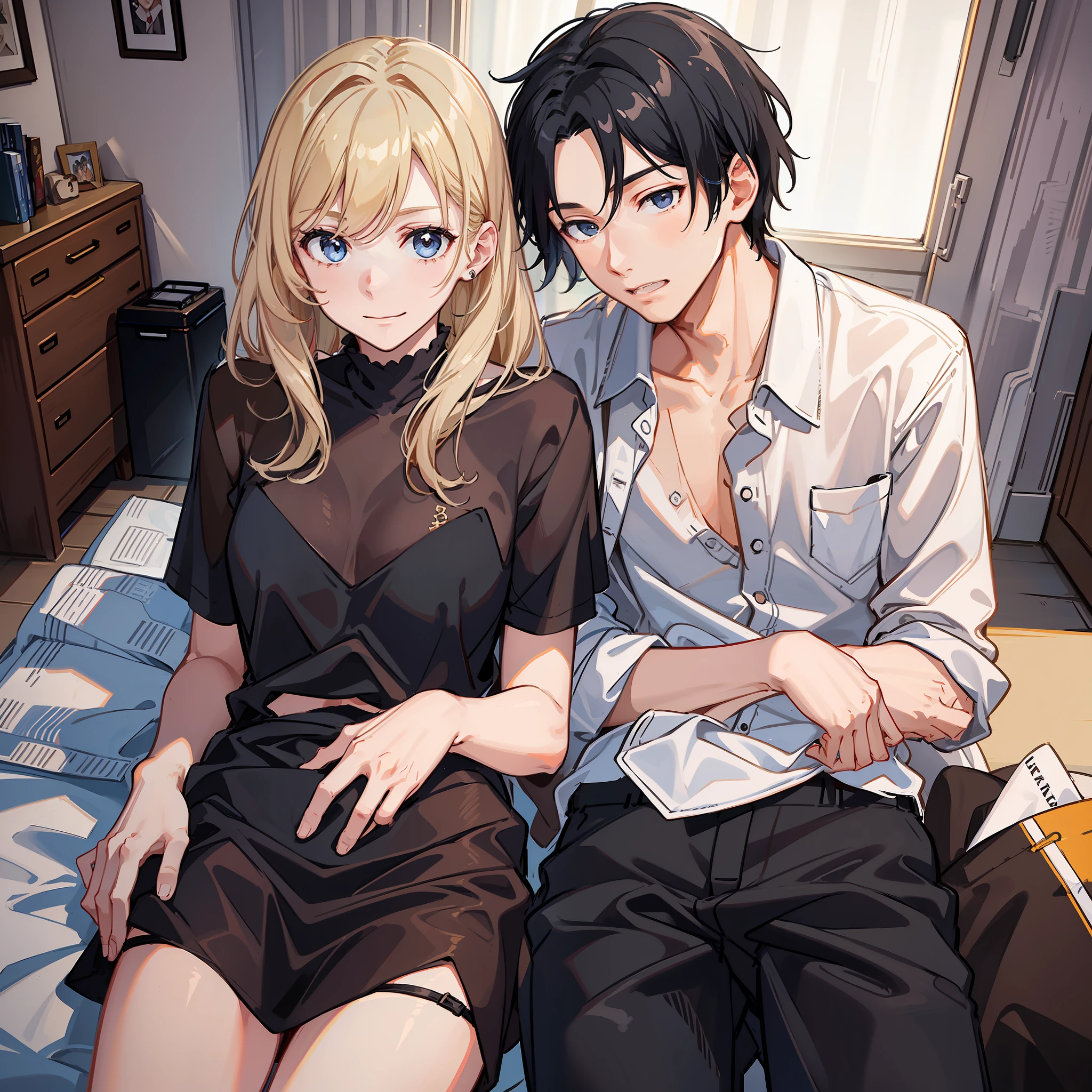 A boy with blond hair and a girl with black hair live together