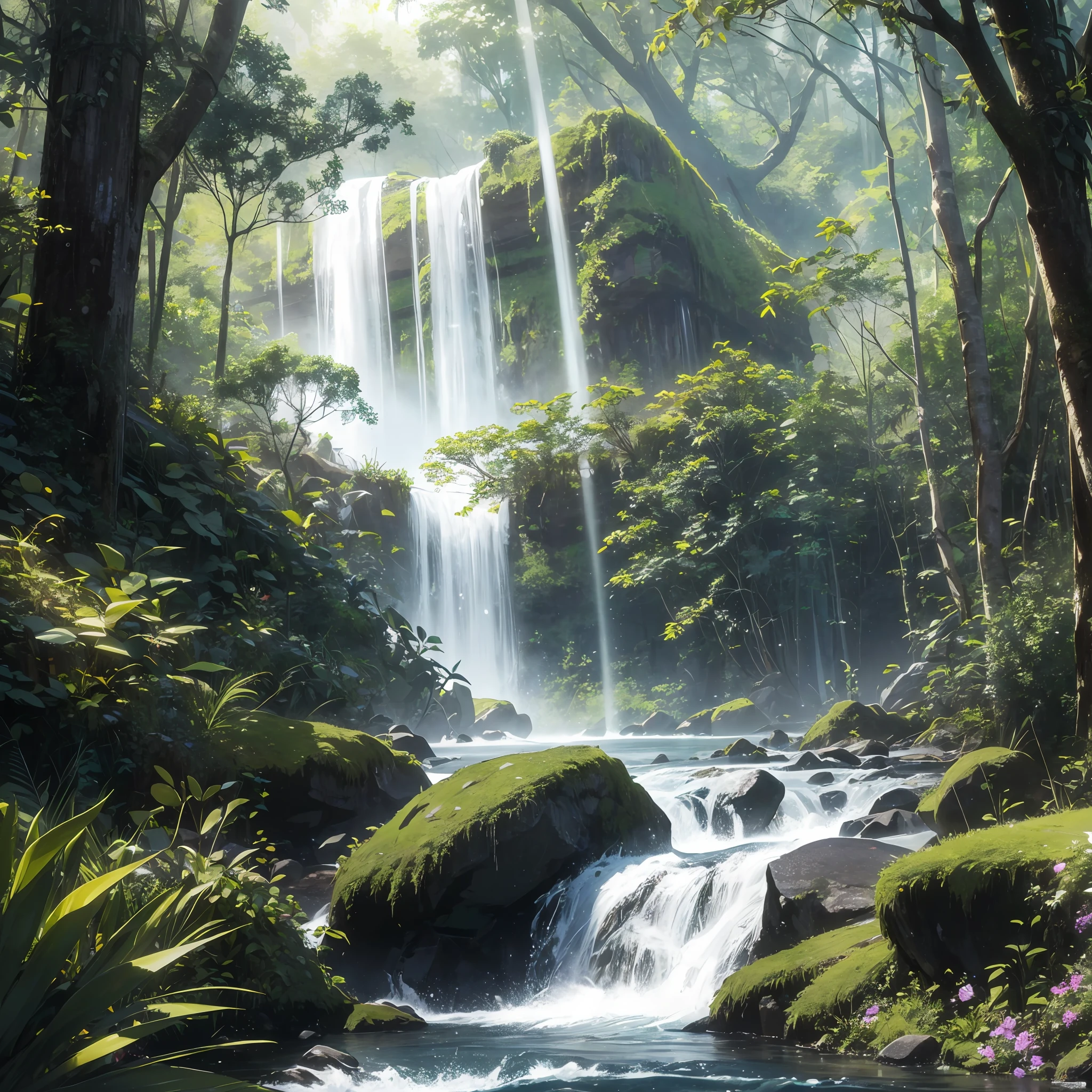 res, ultra detailed, (no human:1.3), BREAK , Create an image using a dark rainbow prism effect, with light refracting and creating ethereal cinematic appearance. BREAK , Design an image with a cinematic lens , capturing a wide field of view with a distinctive, curved perspective. BREAK , Capture a wide river,dense rainforest , with aged thick trees, rocks, waterfall,trees with colorful flowers,dappled sunlight, and a sense of tranquility and natural beauty. BREAK , Illustrate a rainforest world, using only godray shades of nature to convey depth, emotion, and a striking visual impact --auto --s2