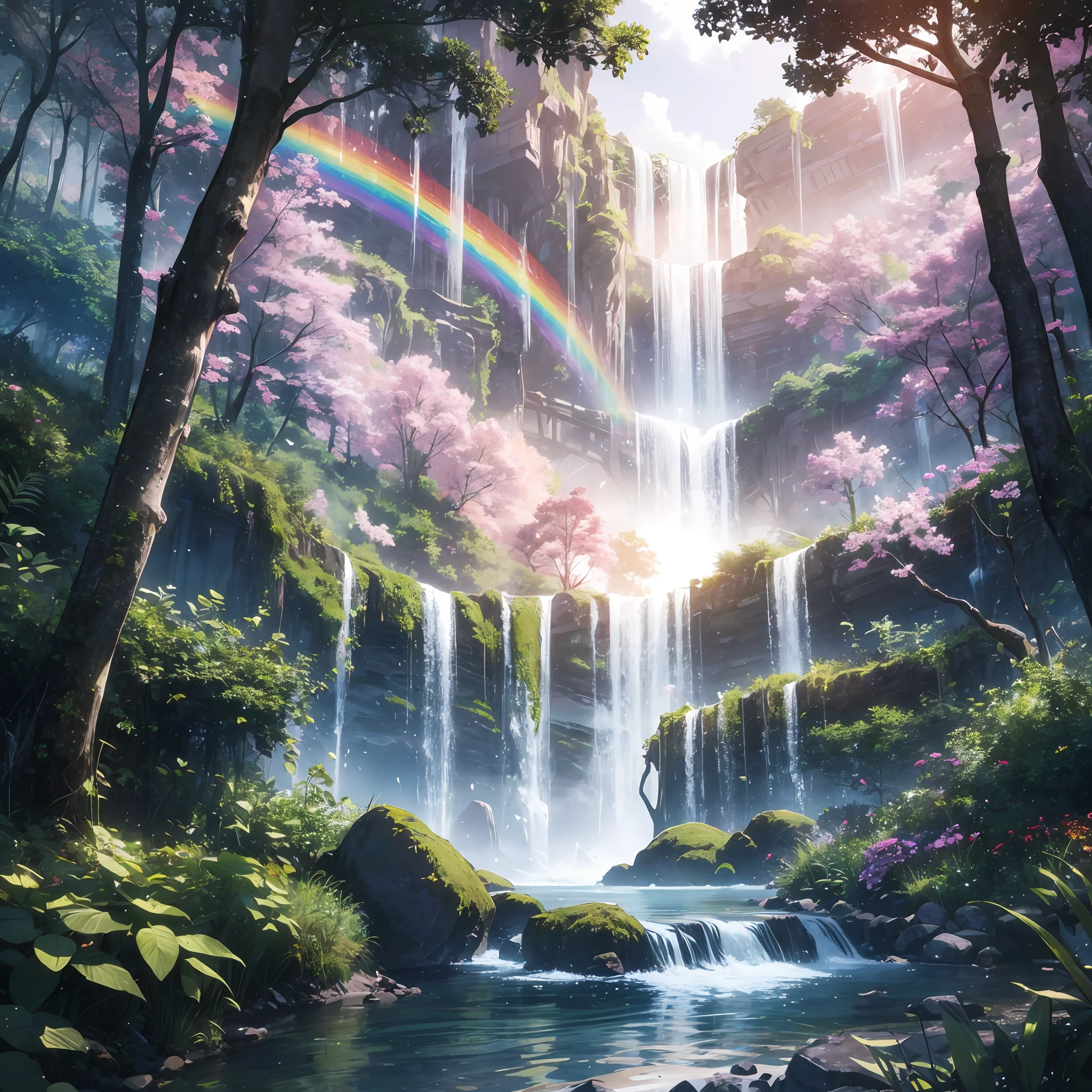 res, ultra detailed, (no human:1.3), BREAK , Create an image using a dark rainbow prism effect, with light refracting and creating ethereal cinematic appearance. BREAK , Design an image with a cinematic lens , capturing a wide field of view with a distinctive, curved perspective. BREAK , Capture a wide river,dense rainforest , with aged thick trees, rocks, waterfall,trees with colorful flowers,dappled sunlight, and a sense of tranquility and natural beauty. BREAK , Illustrate a rainforest world, using only godray shades of nature to convey depth, emotion, and a striking visual impact --auto --s2