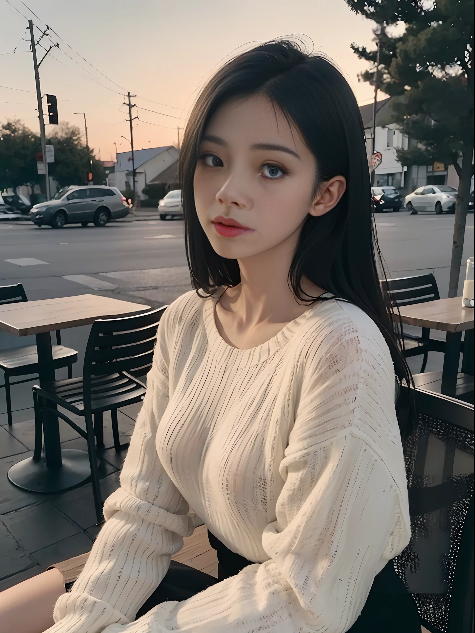 ((Beautiful eyes)),Black and white, cinematic bloom,Raw photo, realistic,girl, Korean girl,age 22, full body,pale skin,petite body, beautiful face, detailed face,black fishnet sweater dress,big breasts, upper body, sitting, cowboy shot, outdoor, night, restaurant, ((looking at viewer:1.4)),((face towards me)), from below,side profile