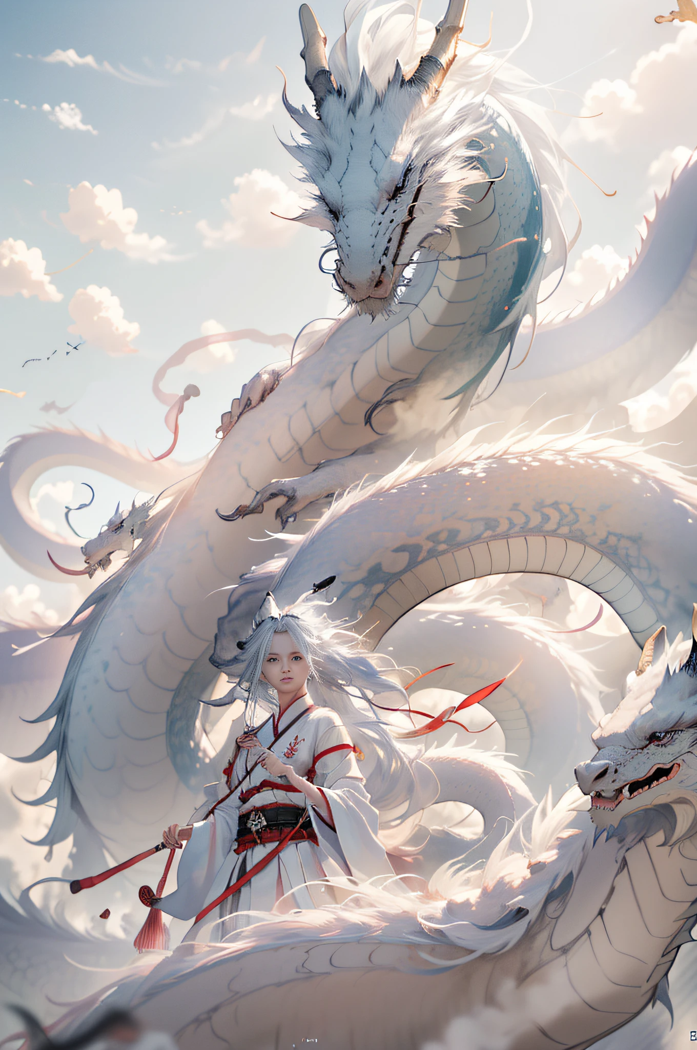 Dynamic Lighting, Art Station, Poster, Volume Lighting, Very Detailed Faces, 4k Wallpaper, Award-Standing, 1 Girl with White Hair, Long Flowing Hair, Ponytail, Fringed Hair Ornament, Dynamic Perspective, White Hanfu, White Gauze Flying, Red Belt, Sexy, Traditional Chinese Ink Painting, Surrounded by Clouds and Mist, Mist, Riding a White Dragon Dragon Head, Stroking the Dragon Head, White Dragon Horns, Dynamic Perspective, Movie Lighting,