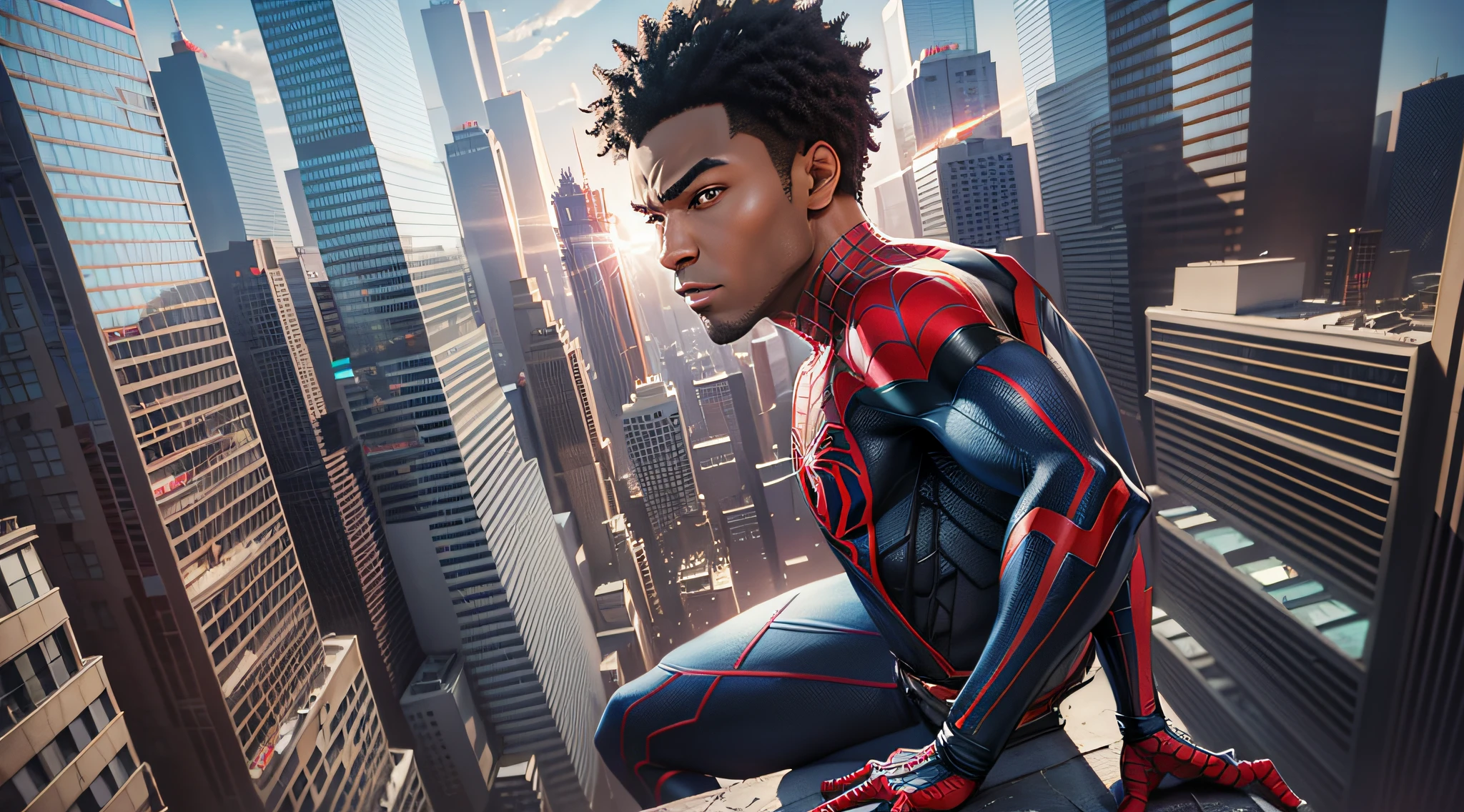 spider - man in a suit standing on a rooftop overlooking a city, miles morales, miles morales!!!, futuristic style spiderman, donald glover as miles morales, official concept art, peter parker, portrait of spiderman, hero pose colorful city lighting, peter parker as spiderman, spider - man, spider-man, official art, fan art, dwayne johnson as spiderman, spiderverse --auto --s2