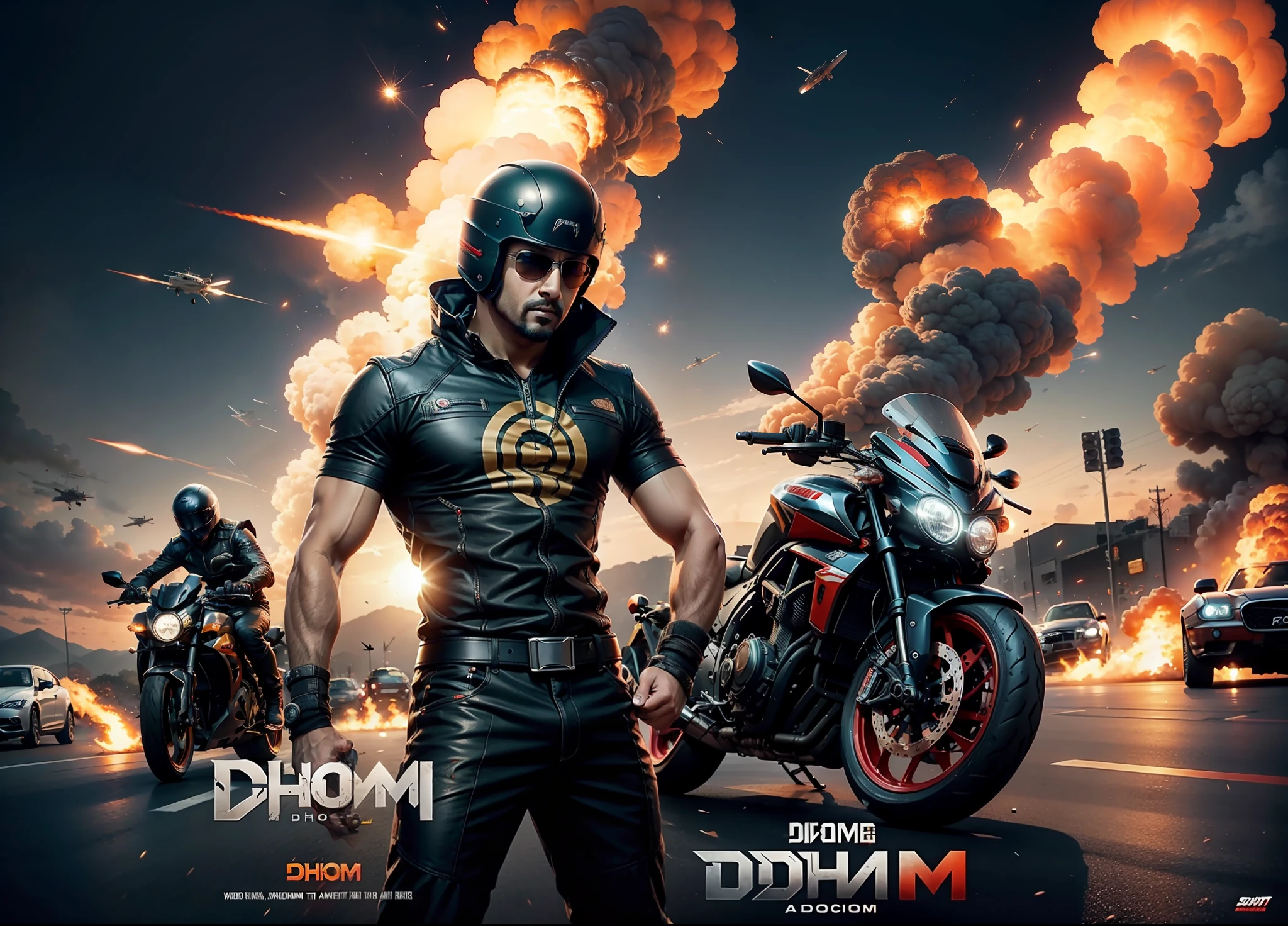 Dhoom movie poster, explosions, guns, cars, planes