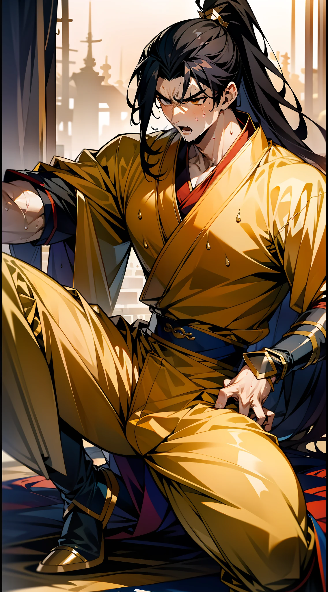 1 male, sweating, open mouth, drooling, wet, wet, sweaty pectorals, sweaty abs, sweaty crotch, golden costume Hanfu, dragon robe, handsome face, evil, highest picture quality, dark skin, high ponytail long hair, detail Hanfu, wearing arm guards, armor, leg guards, leggings, boots (ancient Chinese military boots), looks like a general, squat, squat with legs open, half squat, crotch shape, crotch sweat