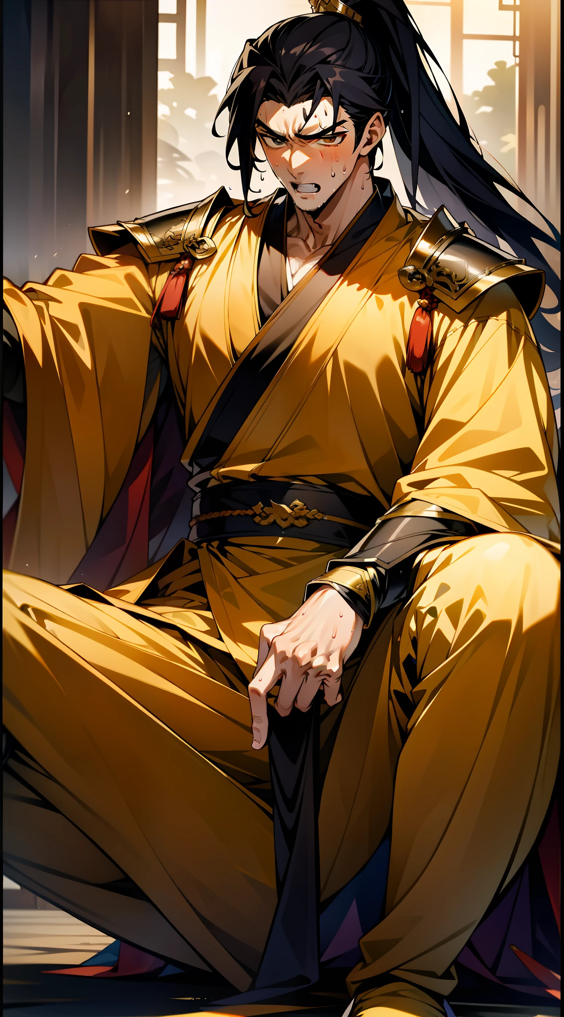 1 male, sweating, open mouth, drooling, wet, wet, sweaty pectorals, sweaty abs, sweaty crotch, golden costume Hanfu, dragon robe, handsome face, evil, highest picture quality, dark skin, high ponytail long hair, detail Hanfu, wearing arm guards, armor, leg guards, leggings, boots (ancient Chinese military boots), looks like a general, squat, squat with legs open, half squat, crotch shape, crotch sweat