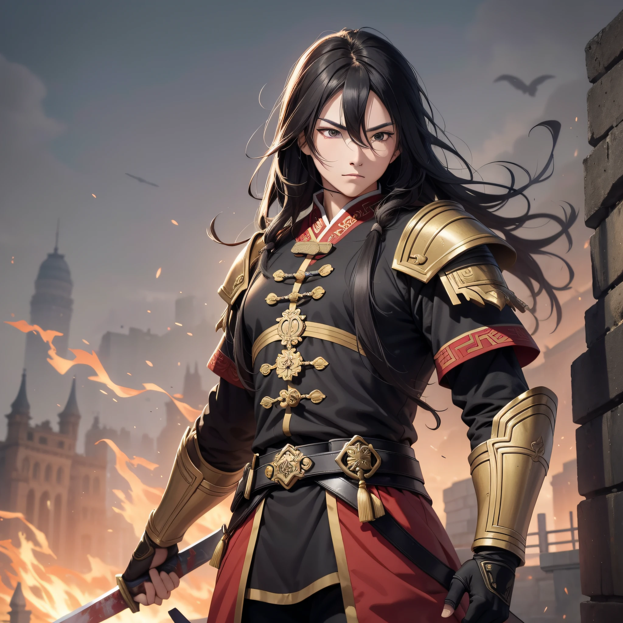 Absurd resolution, high resolution, (masterpiece: 1.4), hyper-detail, ancient Chinese, black long-haired young man standing on the city wall (1.3), roaring (1.2), crying (1.2), warrior in ancient Chinese armor, wielding sword, blood, fighting, standing on the ancient city wall (1.3), dusk, fire (man 1.5) (walking action 1.5)