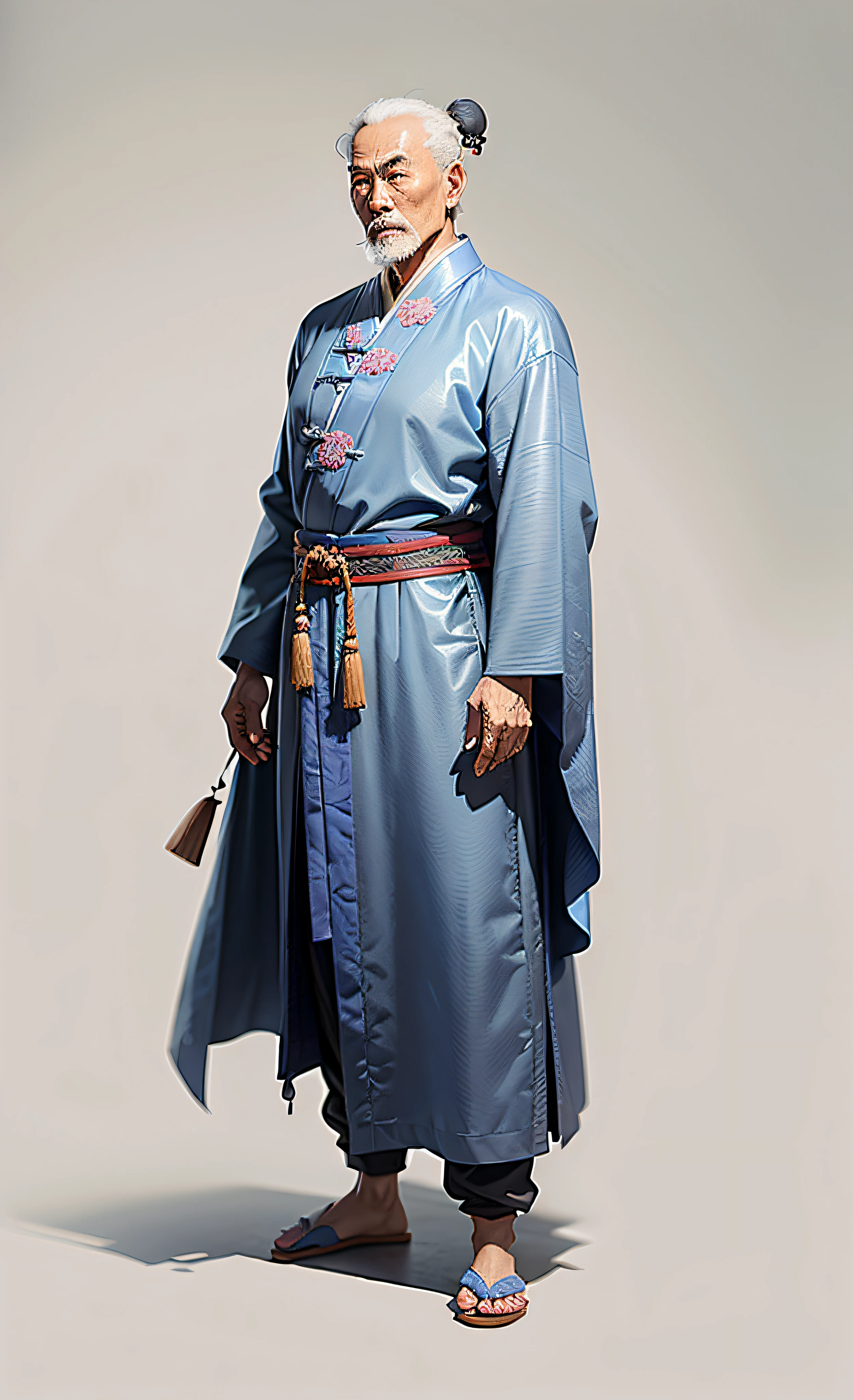 Ancient Chinese male, full body photo, poet, 50 years old, gray background, blue robe clothes
