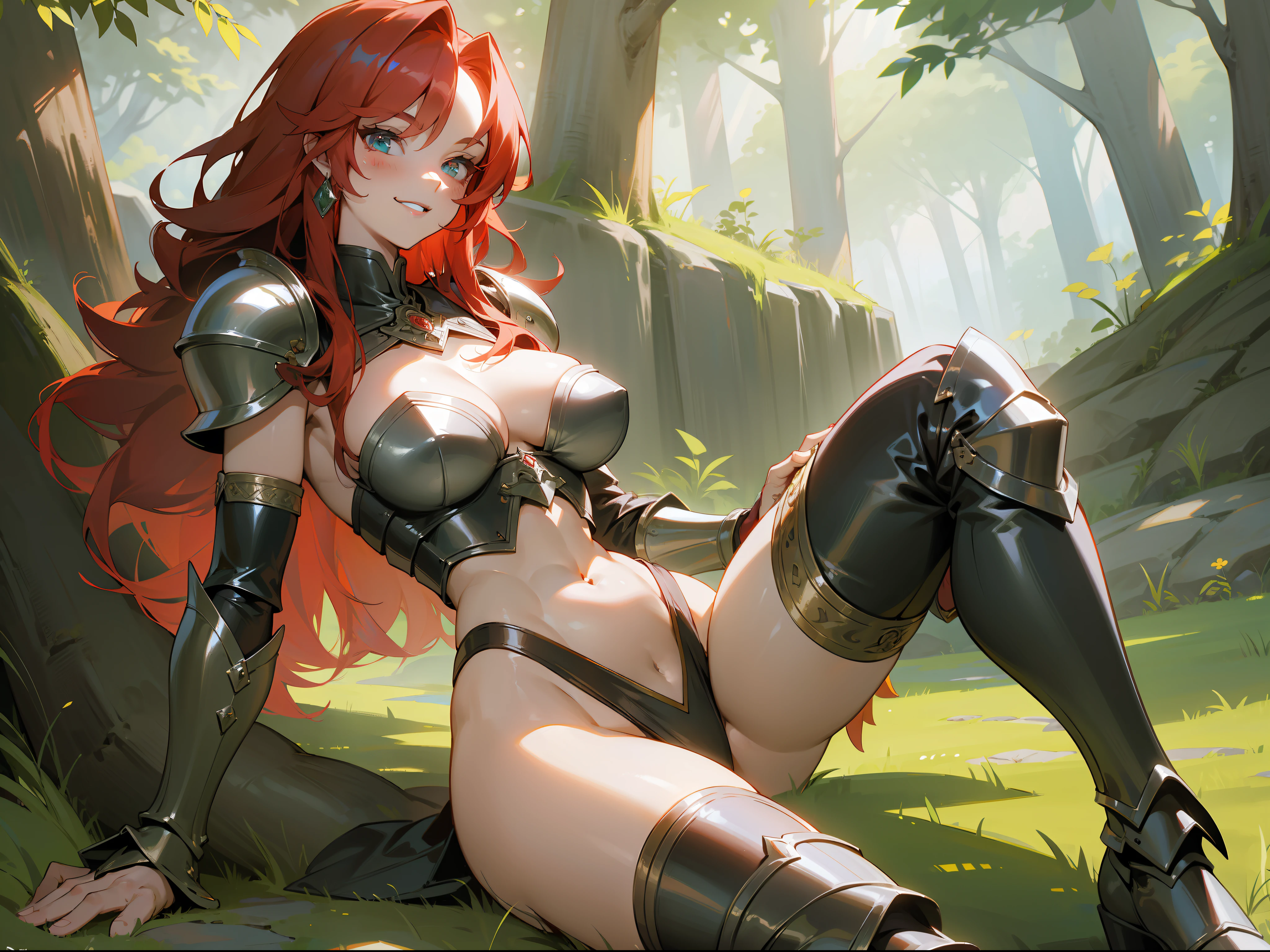 masterpiece, best quality, mature woman, strong, long red hair, light eyes, smile showing teeth, berserker, dragon slayer sword, light leather armor, beautiful breasts, exposed thighs, exposed navel, boots, thin thong, fantasy, medieval, outdoor, nature, dungeon background, dynamic pose, beautiful detailed glow.