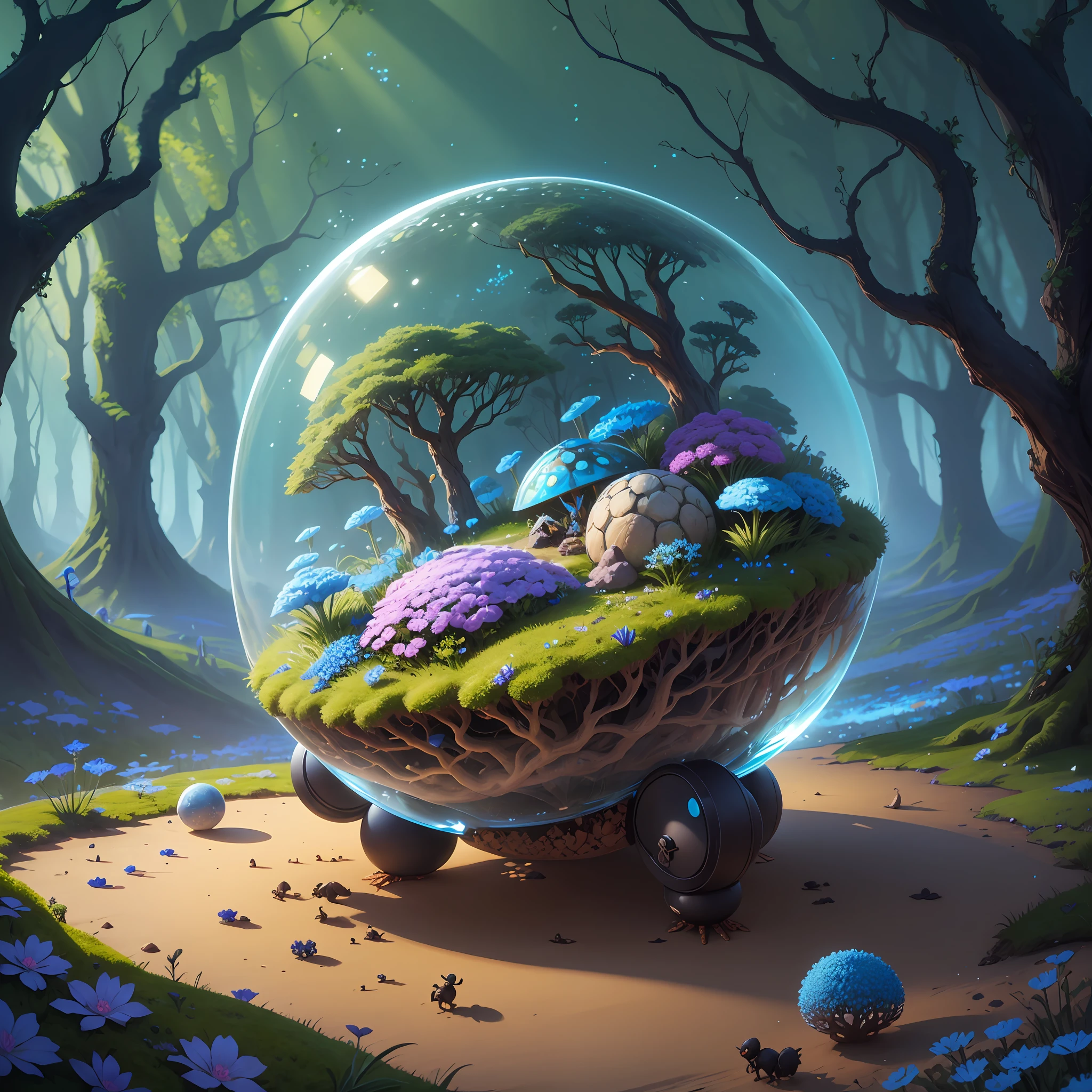 Cute anthill with moss and cute glowing ants sitting on top, made of sand, blue higan flowers blooming, transparent fog, hemispherical looking down from the sky, fantasy, art --auto --s2