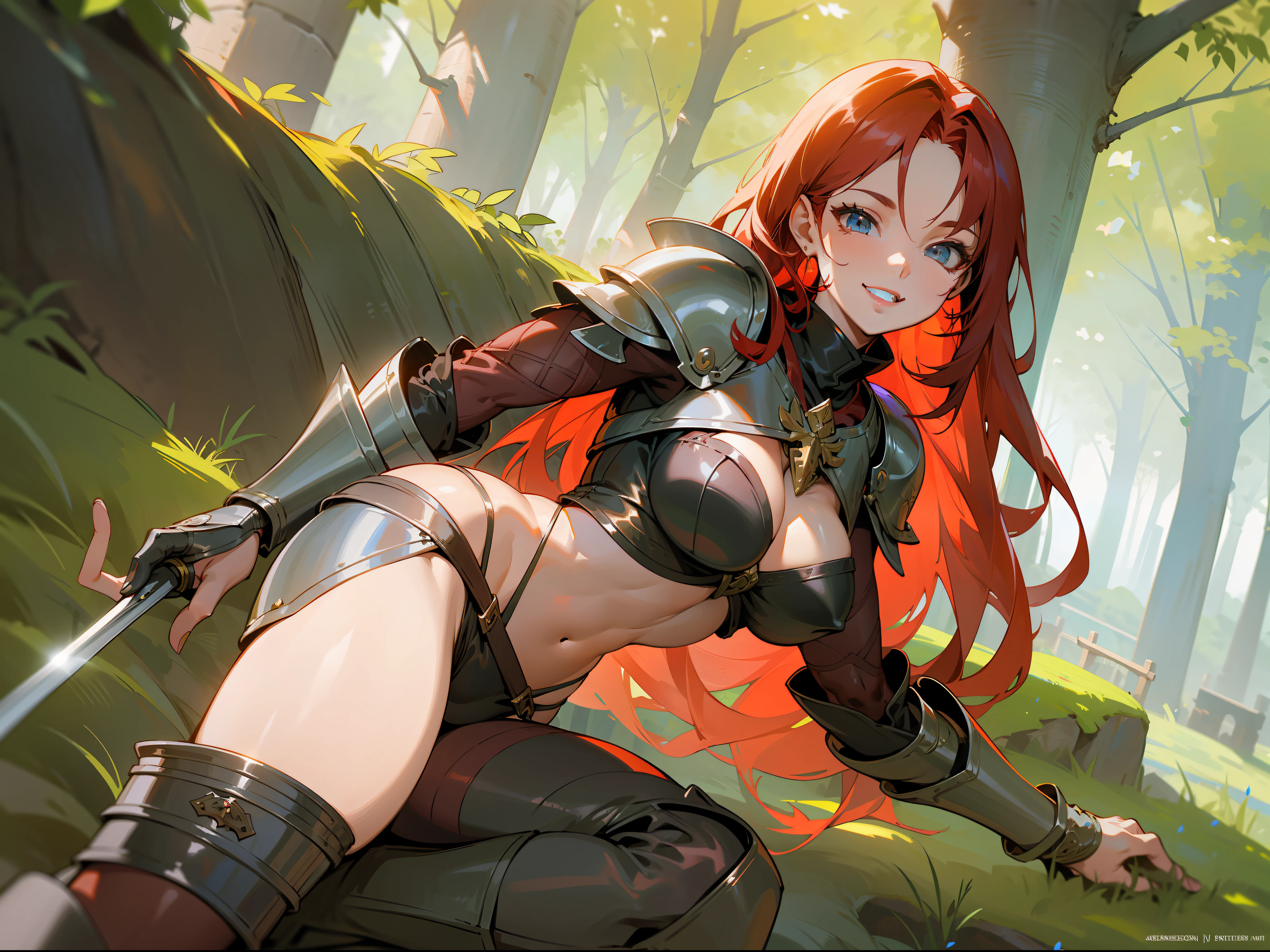 masterpiece, best quality, mature woman, strong, long red hair, light eyes, smile showing teeth, berserker, sword, light leather armor, beautiful breasts, exposed thighs, exposed navel, boots, thin thong, fantasy, medieval, outdoor, nature, dungeon background, dynamic pose, beautiful detailed glow.